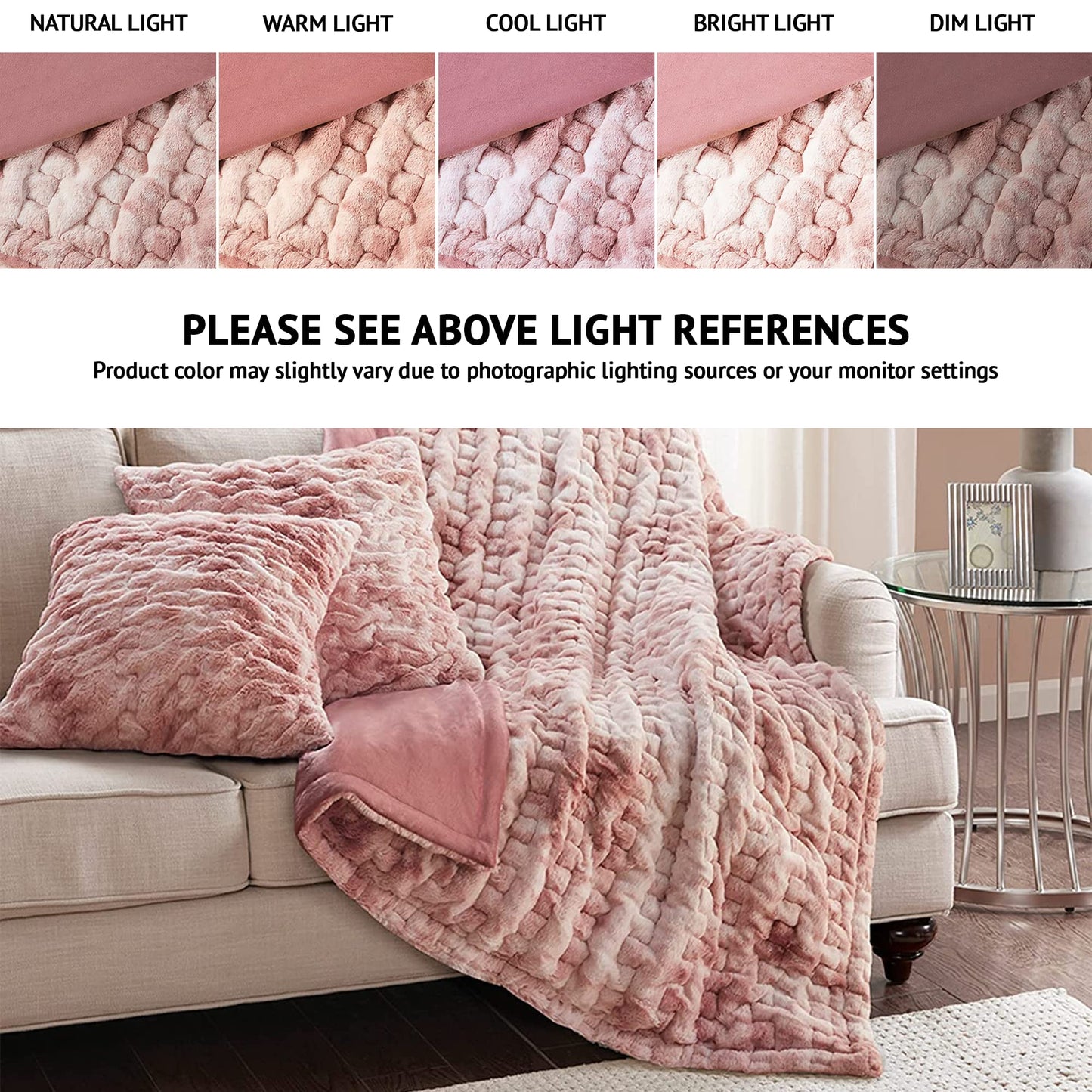 Comfort Spaces Ruched Faux Fur Plush Throw Blanket and Pillow Set with 2 Matching Square Pillow Covers Sofa Throw Blanket for Living Room, Chair, Couch, Home Office Fuzzy Soft Blush Tie Dye 50"x 60"
