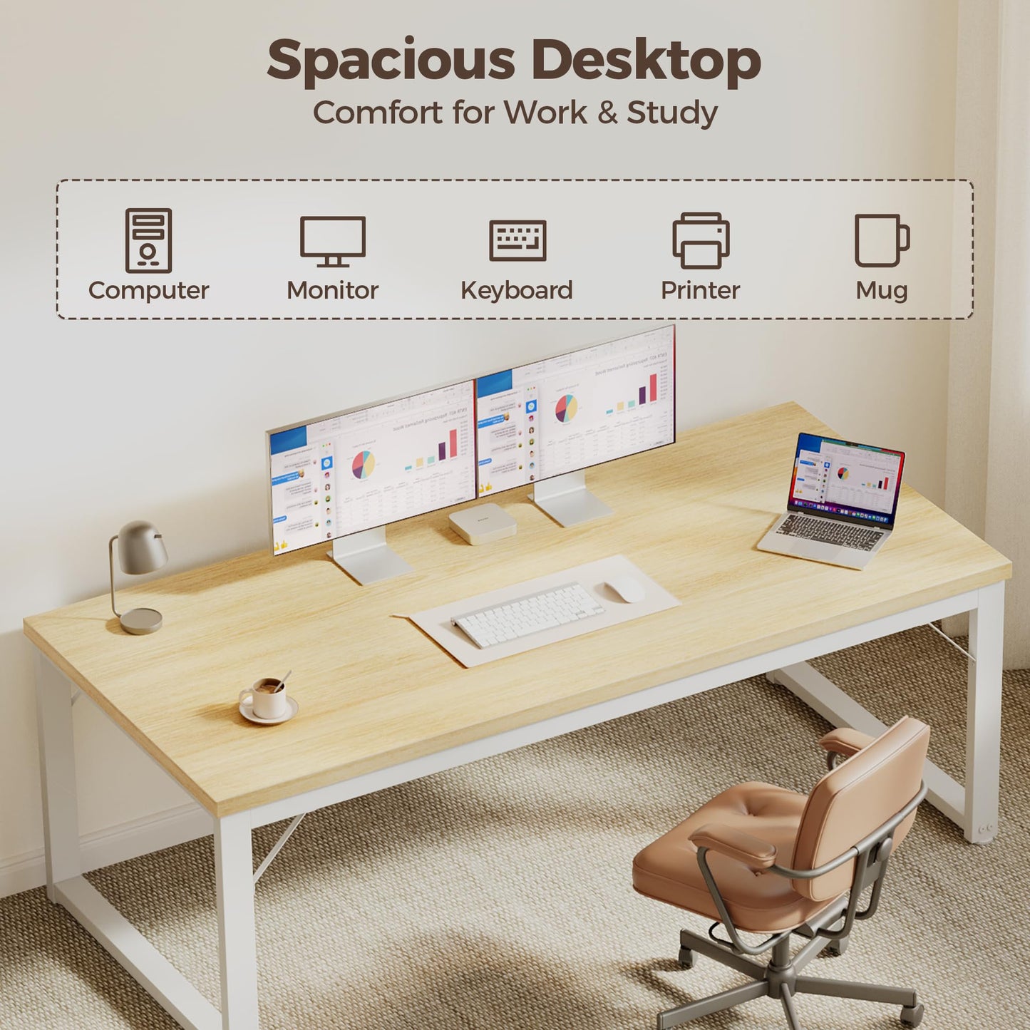 Mericonia 40 Inch Computer Desk, 1" Thick Modern Simple Study Writing Table, Heavy Duty Industrial Office Desk for Home Bedroom Workstation, Oak