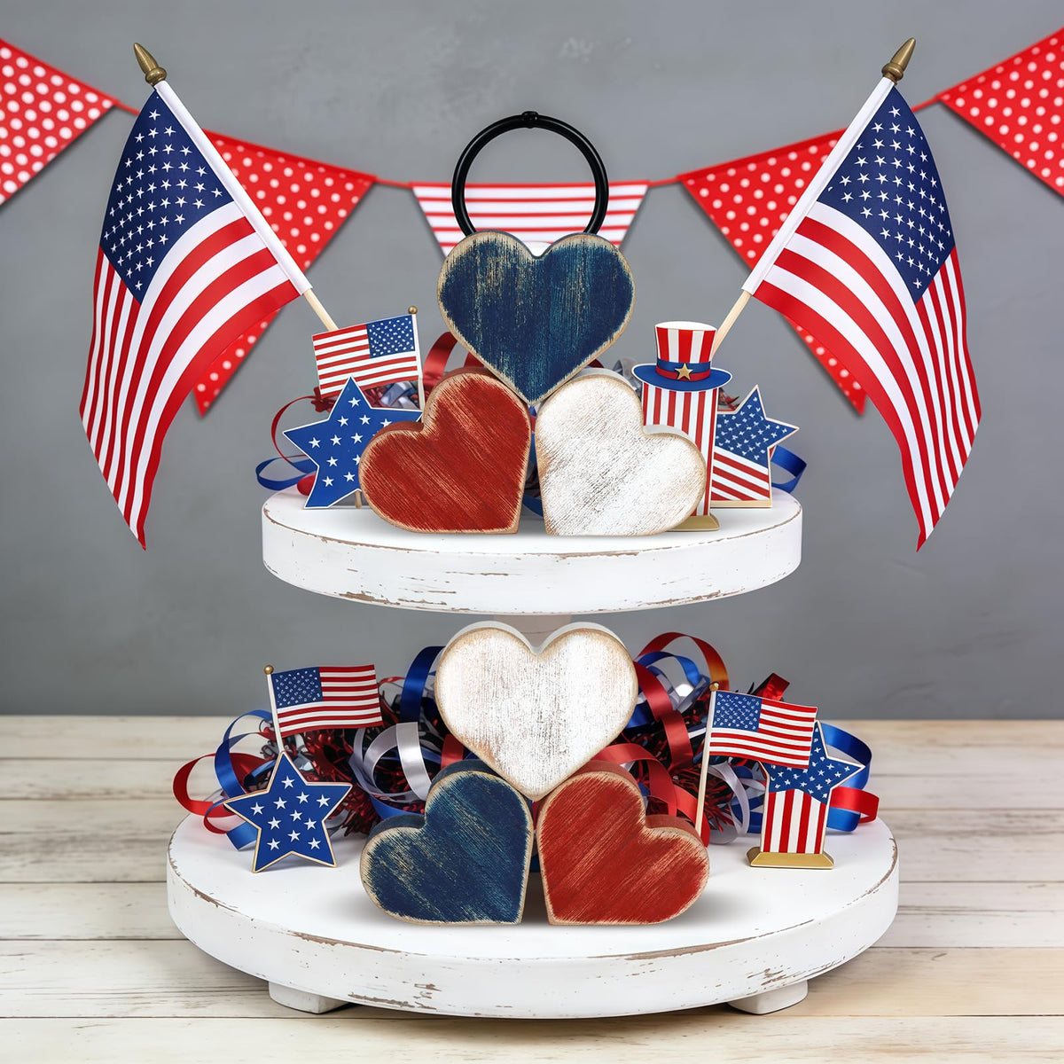 COCHIE Wooden Hearts 4th of July Decorations Indoor, Wood Heart Blocks Memorial Day Tiered Tray Decor Set of 6, Red Blue White Veterans Day Decoration for Home Party Office Shelf Mantle (Patriotic)