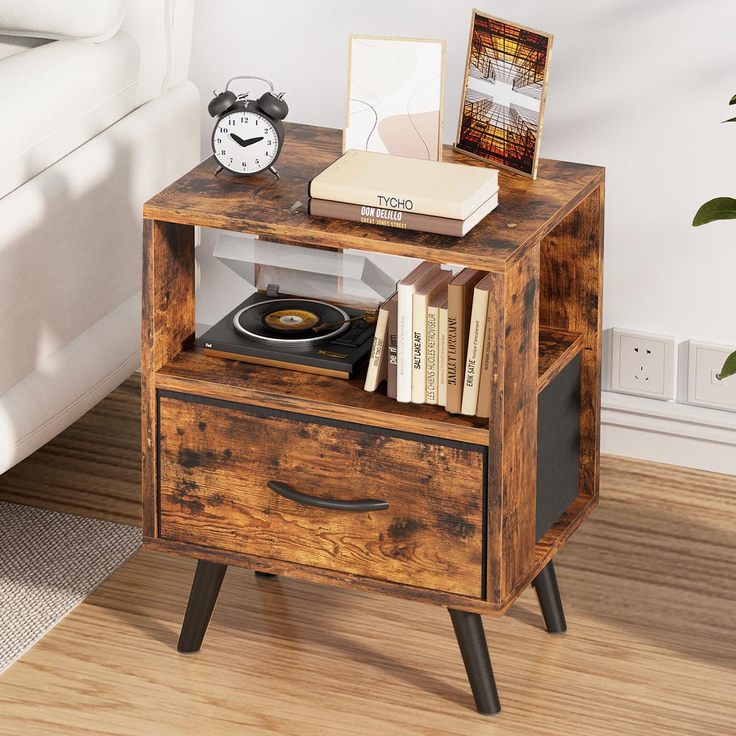 Aenuert Night Stand, Brown Nightstand with Drawer, Side Table with Open Storage, 2-Tier Modern End Table, Bedside Table for Small Space, Living Room, Bedroom
