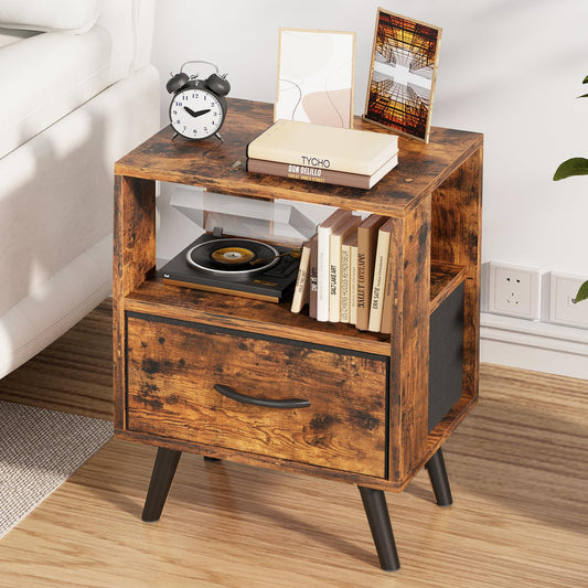 Aenuert Night Stand, Brown Nightstand with Drawer, Side Table with Open Storage, 2-Tier Modern End Table, Bedside Table for Small Space, Living Room, Bedroom