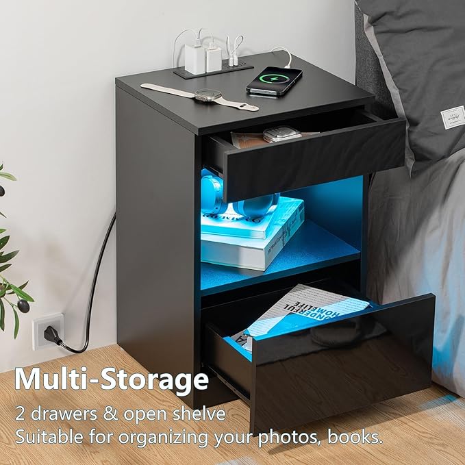 HOMMPA Open Shelf LED Nightstand