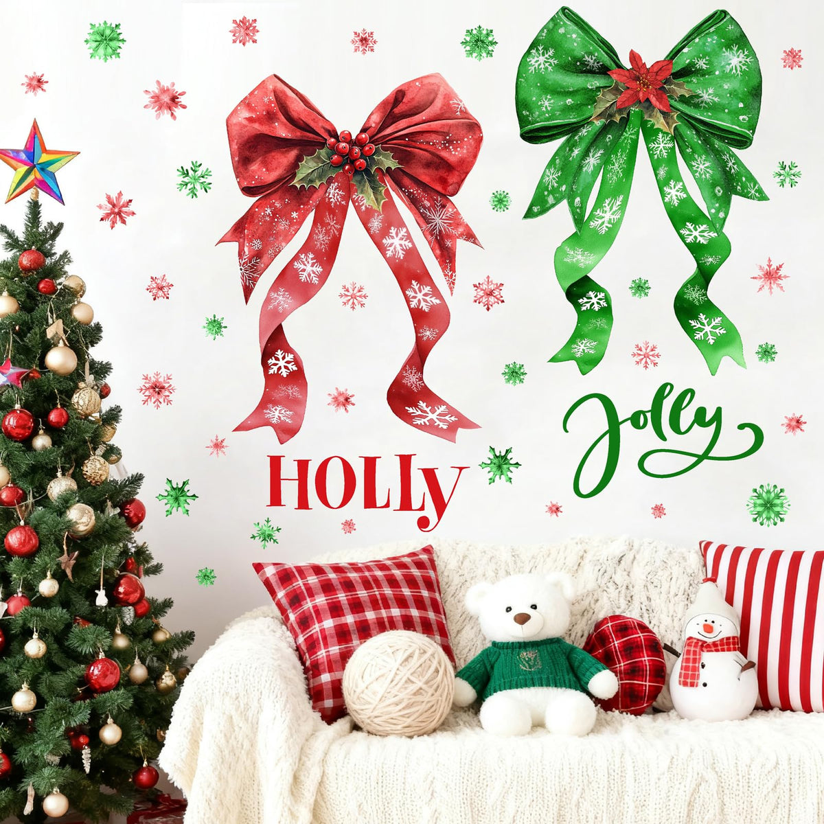 Large Christmas Wall Stickers Green Red Bow Decoration Decals Peel and Stick Xmas Bow Stickers Home Indoor Decor for Living Room O Holy Snowflakes Vinyl Art Murals for New Year Holiday Party Supplies