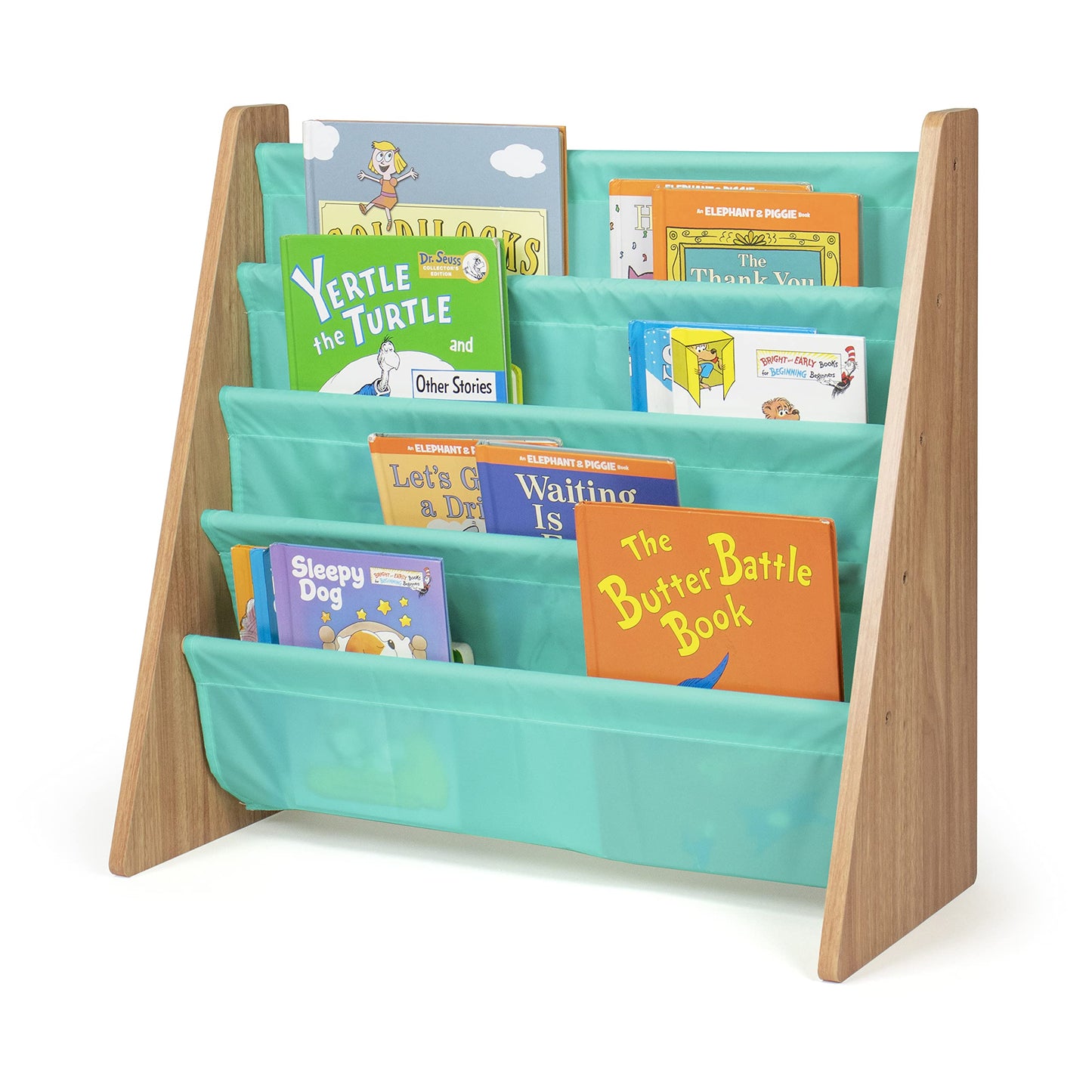 Humble Crew Kids Bookshelf, 4-Tier Front-Facing Book Display Organizer, Montessori Toddler Bookcase for Playroom, Bedroom & Reading Corner, Natural Wood/Seafoam Green