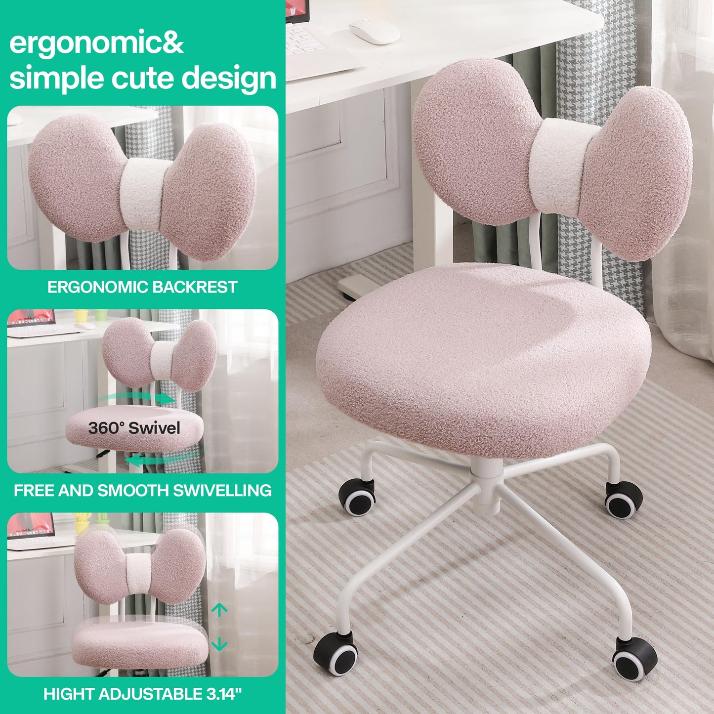 Shiepu Cute Desk Chair with Back,Comfy Small Office Chair with Wheels, Armless Adjustable Rolling Swivel Computer Chair for Home Office,Make-up Room,Bedroom,Vanity Chair for Girls,Teddy Velve,Pink