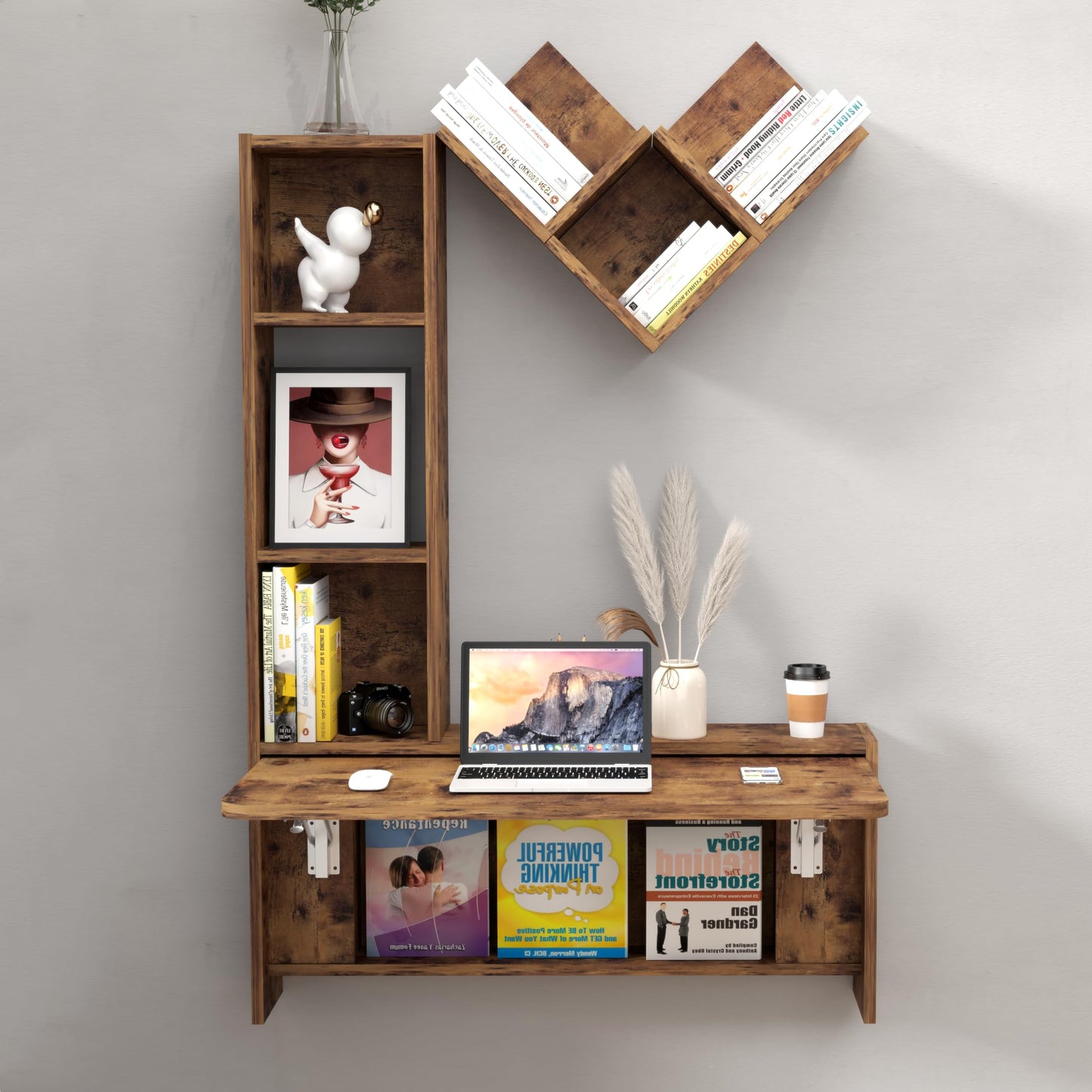 TuckTect Folding Wall Mounted Drop Leaf Table, Foldable Desk with Moveable Cabinets, Floating Laptop with Convertible Storage Shelves, Multifunctional Computer Workstation in Home for Space Saving