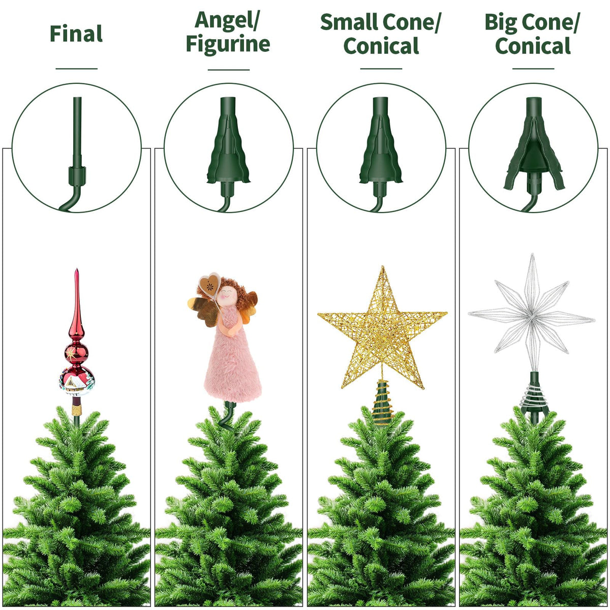 Christmas Tree Topper Holder - Twist On Universal Stabilizer with Adjustable Attachments. Secure Lock for Treetop Ornaments, Fits Most Basic Tree Types & Topper (Green)