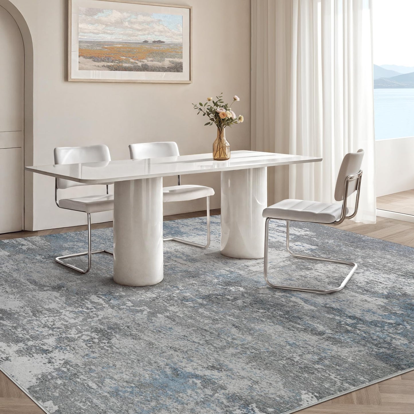 Micgeek Area Rug Living Room - 9X12 Abstract Washable Large Soft Foldable Non Slip Rug Neutral Modern Low Pile Carpet for Bedroom Nursery Dining Room Farmhouse Home Office Indoor - Grey Blue