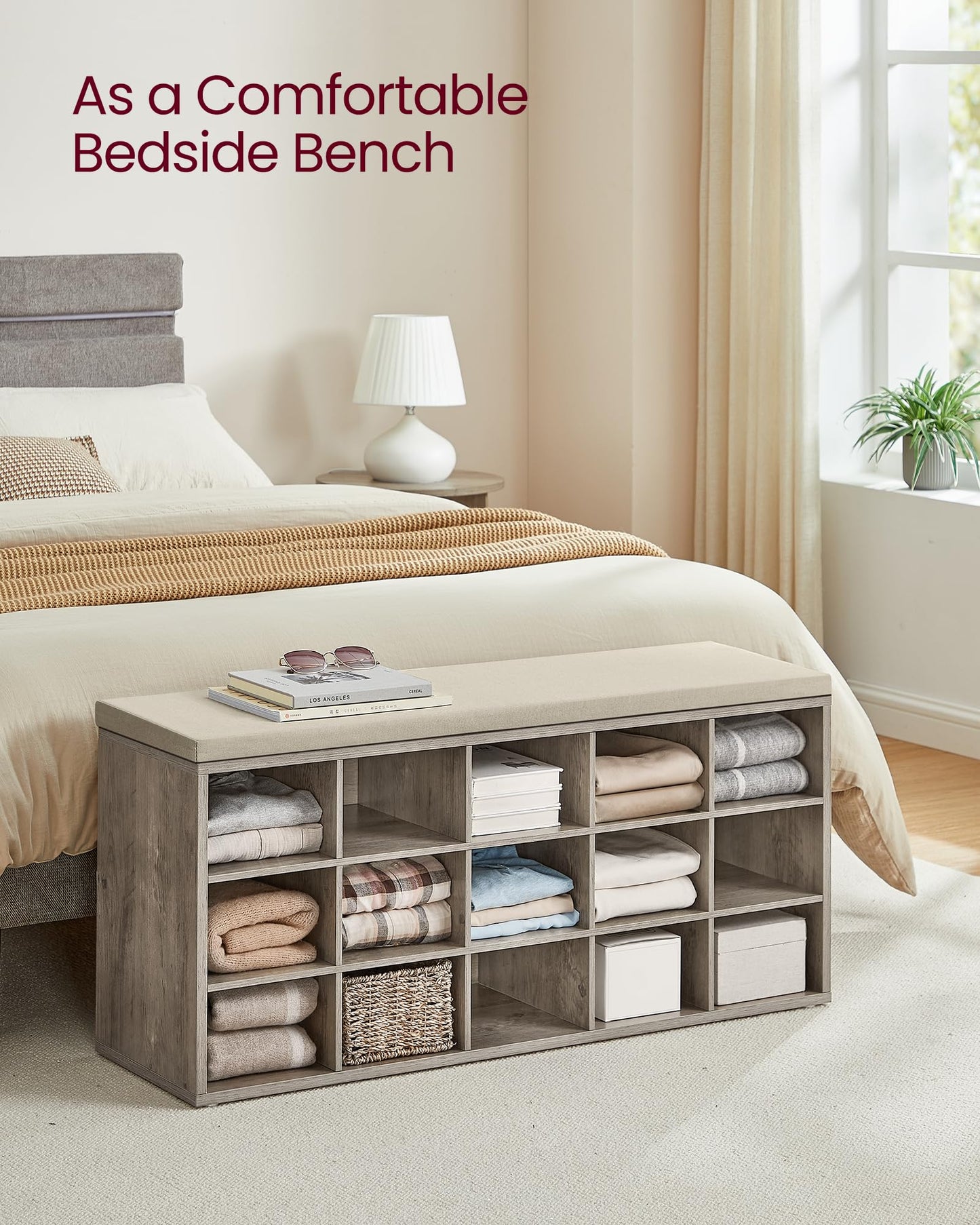 VASAGLE CUSTOS Collection - Shoe Bench, Storage Bench with Padded Seat, Entryway Bench with 15 Compartments, for Bedroom, 11.8 x 41.3 x 18.9 Inches, Heather Greige and Cappuccino Beige ULHS015K01