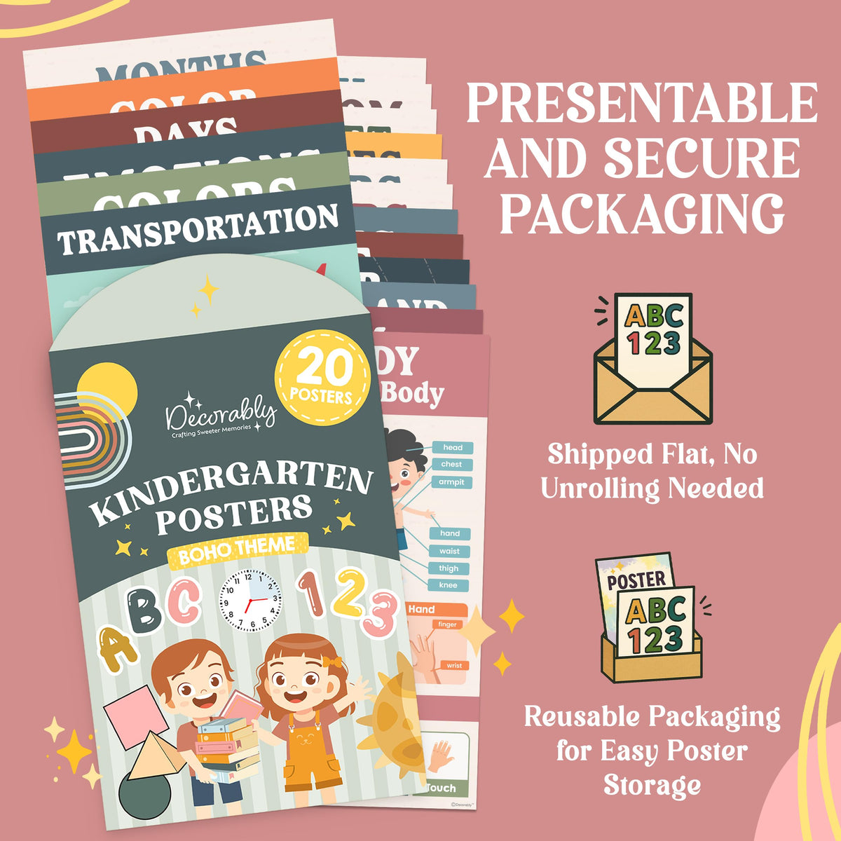 Decorably 20 Boho Learning Posters for Kids Ages 3-5, 11x17in Educational Matte-Laminated for Classrooms, Homeschool, School Hallways, Bulletin Boards
