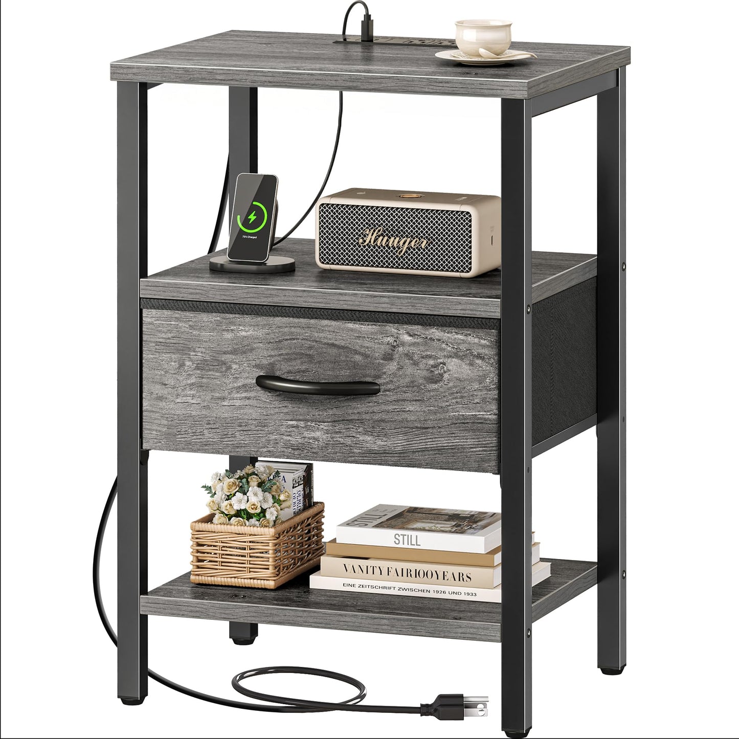 SUPERJARE Nightstand with Charging Station, Bed Side Table with Adjustable Fabric Drawer, Night Stand for Bedroom, 3-Tier Storage End Table, for Living Room, Grey
