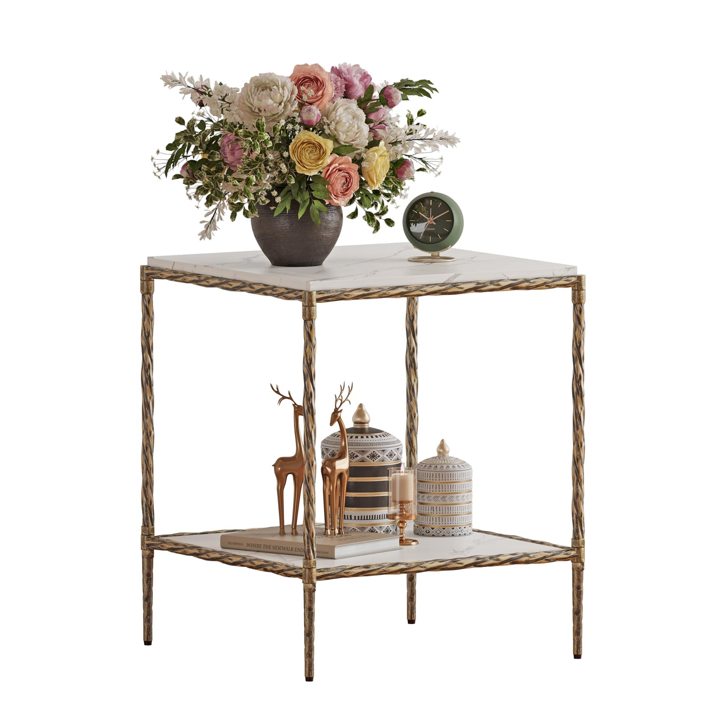 FormaCraft Antique Square End Table with a Marble-Effect Wooden Top, 20" Gold Side Table with 2-Tier Open Storage Shelves, Modern Square Accent Table with Antique Brass Finish for Living Room, Bedroom