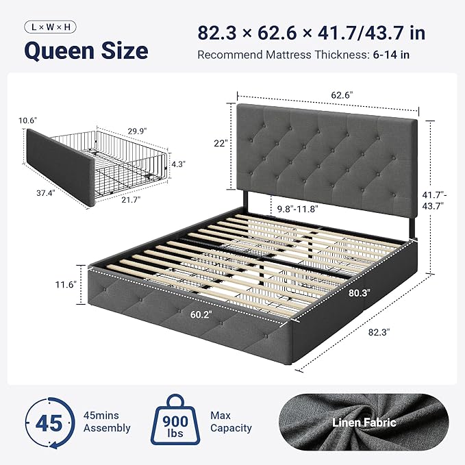 Allewie Upholstered Queen Size Platform Bed Frame