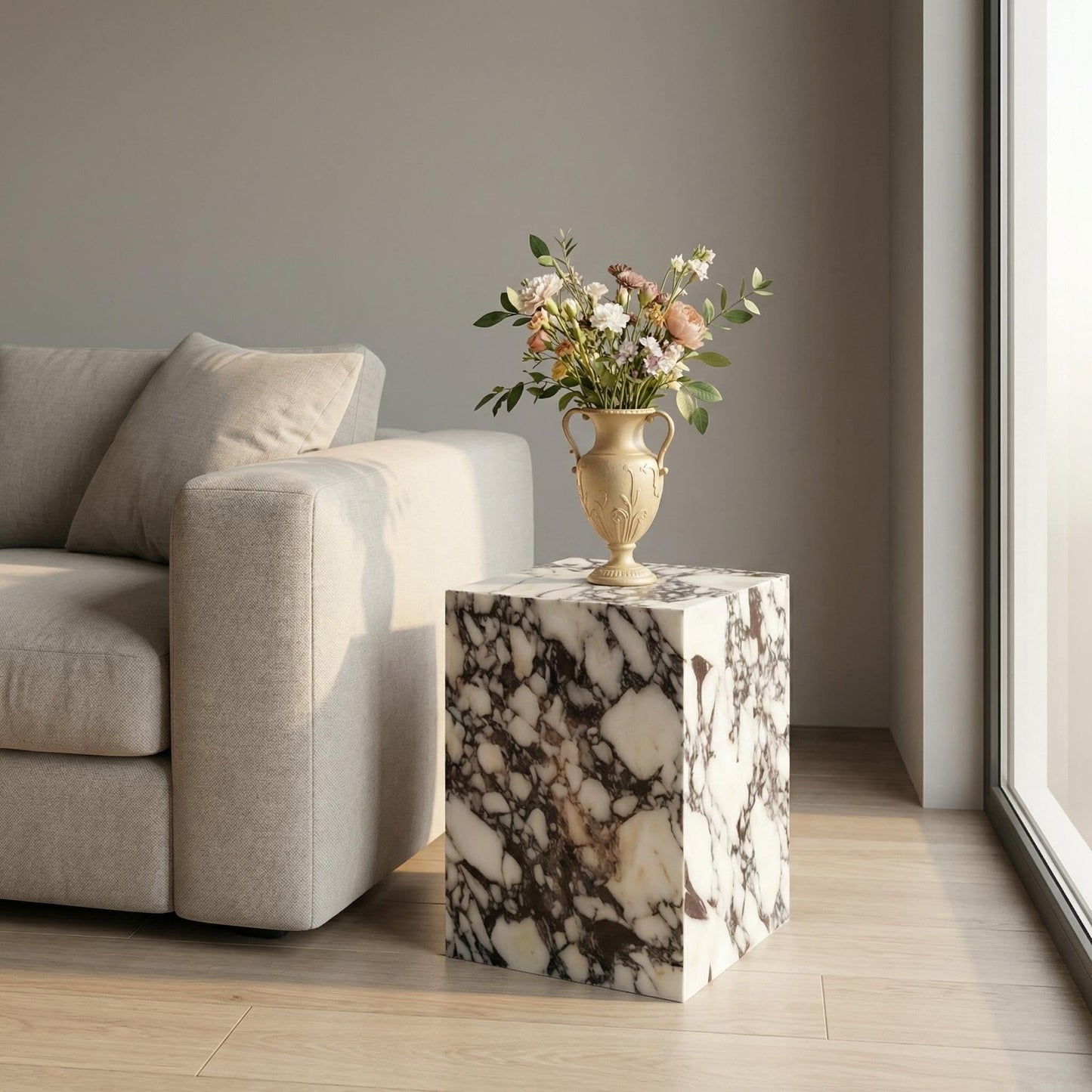 Natural Calacatta Viola Marble Side Table, 11.8" Square End Table for Living Room and Bedroom, Luxury Real Stone Nightstand, Heavy Duty Small Coffee Table, No Assembly Required, 19.6" Height