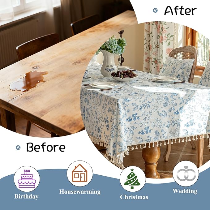 VClife Table Cloth Blue and White Table Cloth Rectangle Tablecloth Rustic