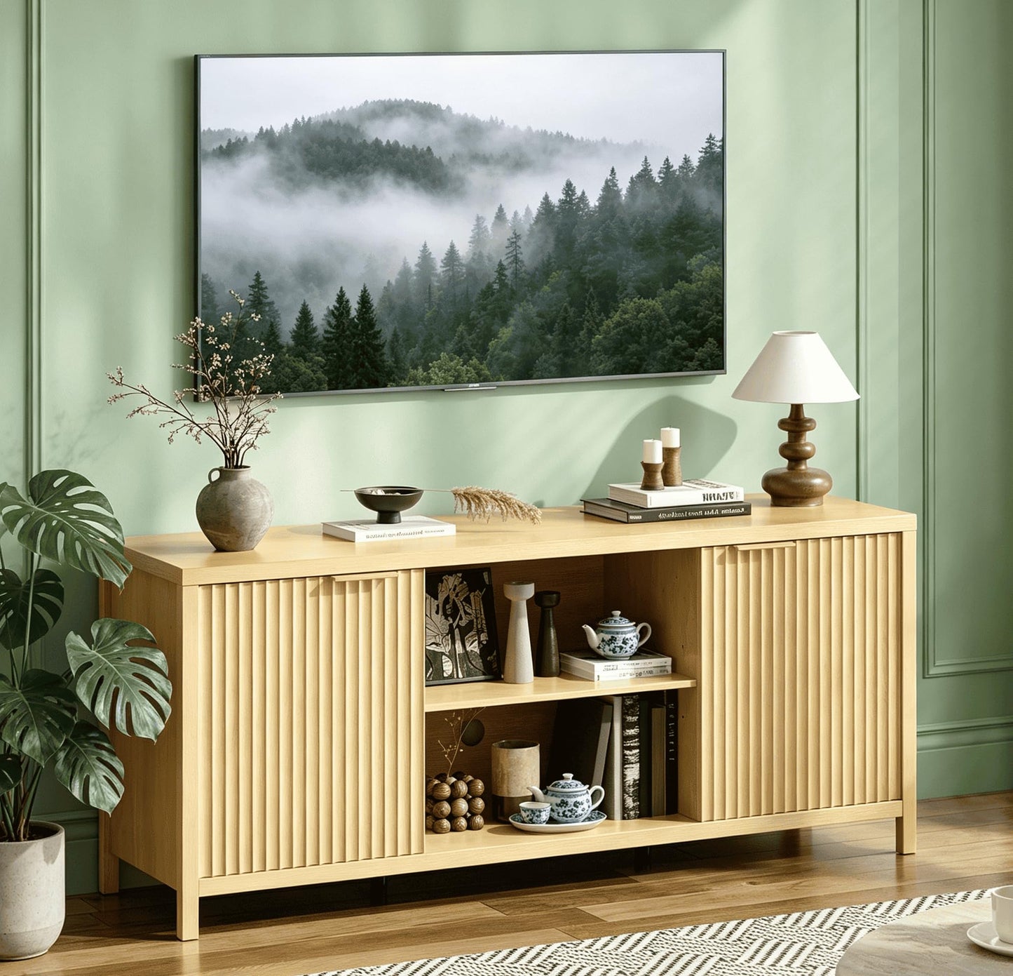VINGLI 57.8" TV Stand for 70 Inch TV, Mid Century Modern Media Console with Adjustable Shelves and Cabinet Storage, Elegant Entertainment Center for Living Room, Oak