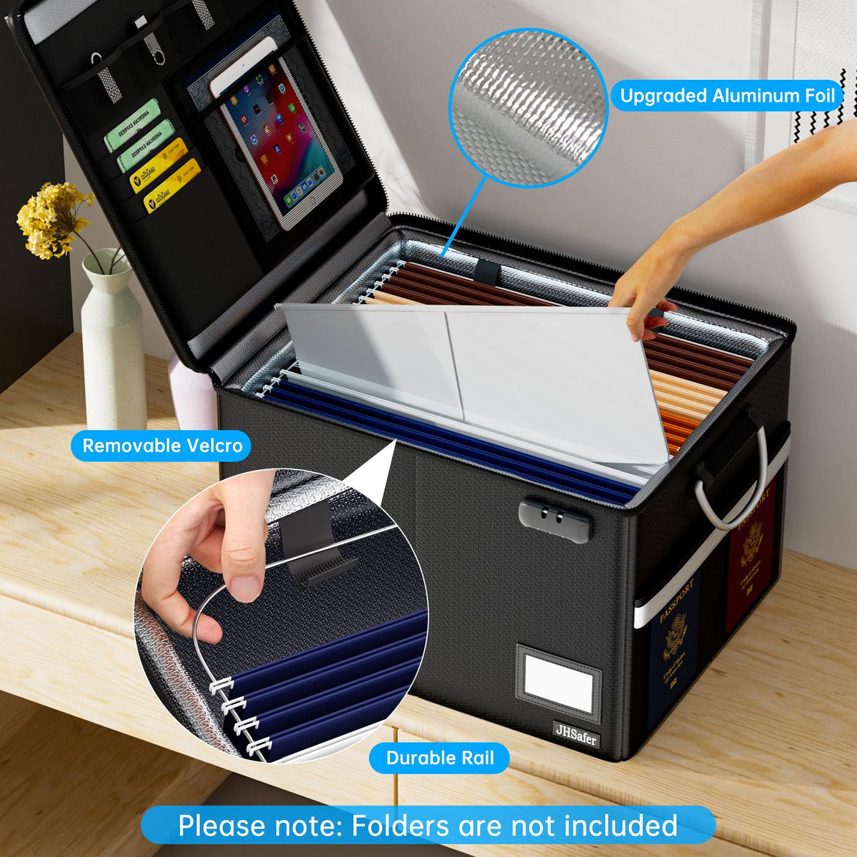 JHSafer 5200℉ Fireproof Document Box with Lock, Waterproof File Organizer with Handle, Portable Collapsible Filing Cabinet with Reflective Strip for Hanging Letter/Legal Folder, Black