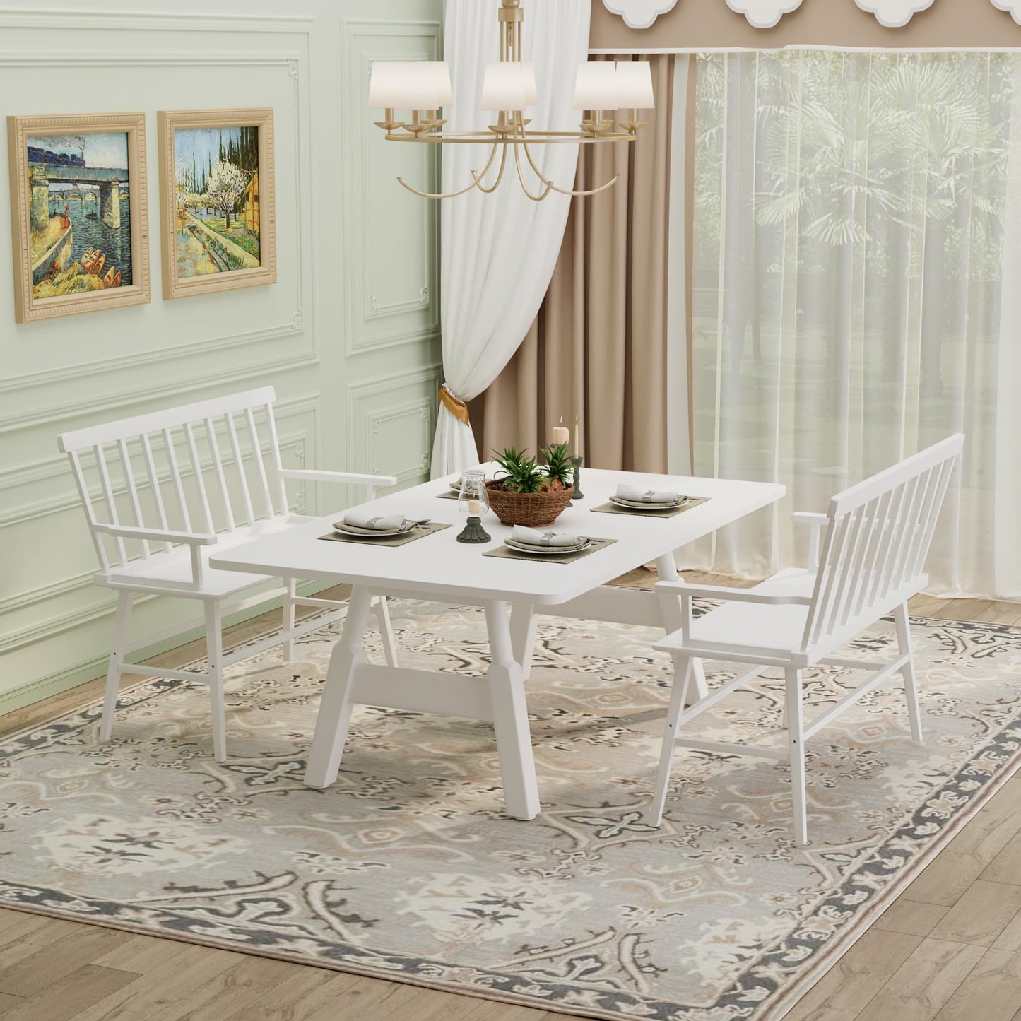 Wisuce Essentials Bamboo Dining Bench, Entryway Bench with Spindle Back Farmhouse Wood Windsor for Foyer Balcony Living Room (White)