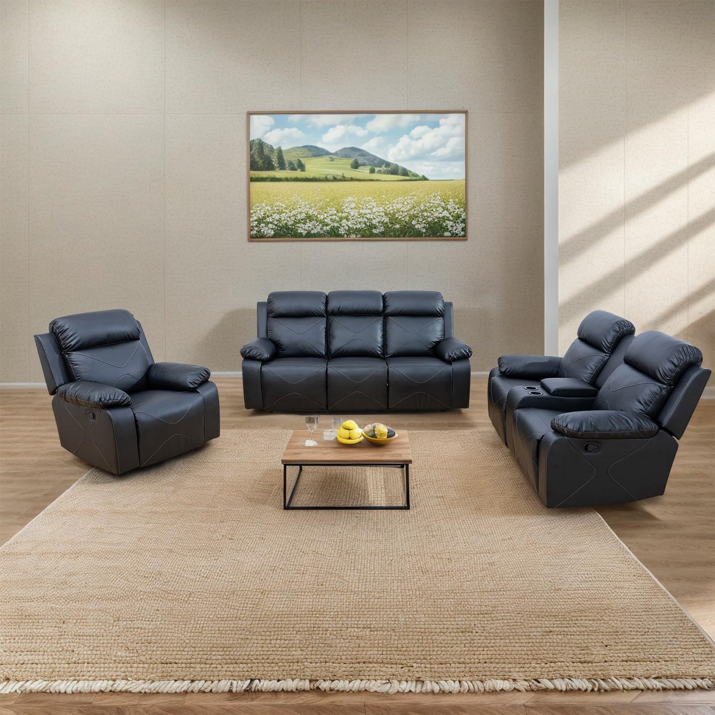 SIMPCHIC Power Recliner Sofa Set, Top Leather 3-Piece Sectional Couch Living Room Furniture Set for Home, Office and Apartment (Black)