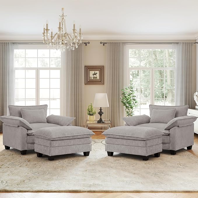 Oversized Accent Chair with Ottoman Set of 2, Upholstered Armchair with Extra