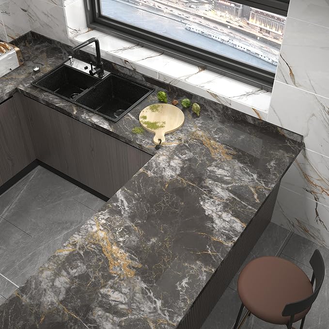 BAYYA 48"x80" Extra Wide Marble Contact Paper Grey/Gold Glossy Marble Wallpaper