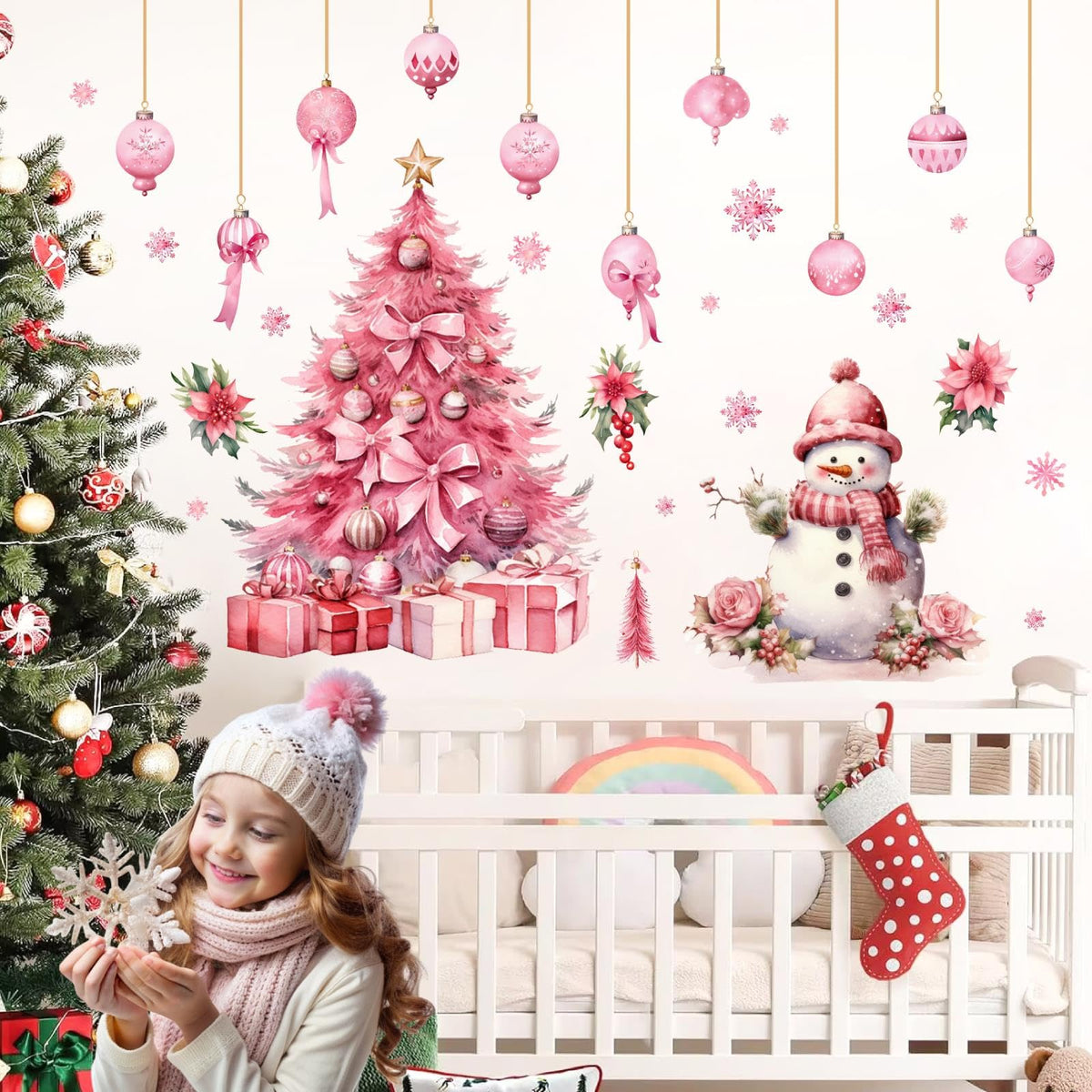 Large Pink Christmas Tree Wall Stickers Christmas Wall Decals Peel and Stick Snowman Stickers for Christmas Home Decor Indoor Hanging Ball Snowflake Art Murals for Living Room Xmas Party Supplies