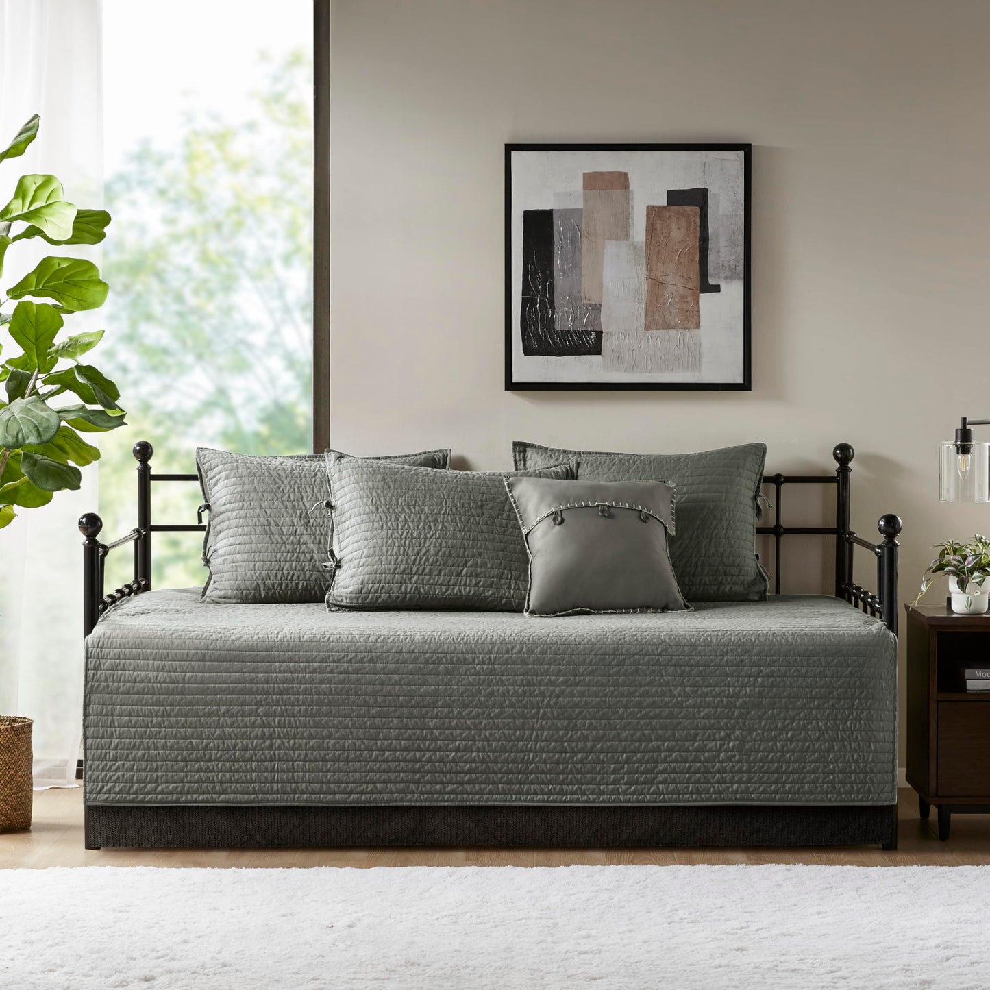 Madison Park Ridge Daybed Cover Set - Cabin Lodge Plaid Herringbone Print Reversible Design, All Season Luxury Bedding with Bedskirt, Matching Shams, Decorative Pillow, 39"x75", Grey 6 Piece
