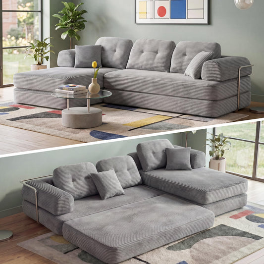 YasuSoofa Boneless Sectional Couch with Chaise, Convertible L-Shape Floor Sleeper with High Headrest, Modular Sofa Bed for Living Room Apartment, No Assembly, Beige