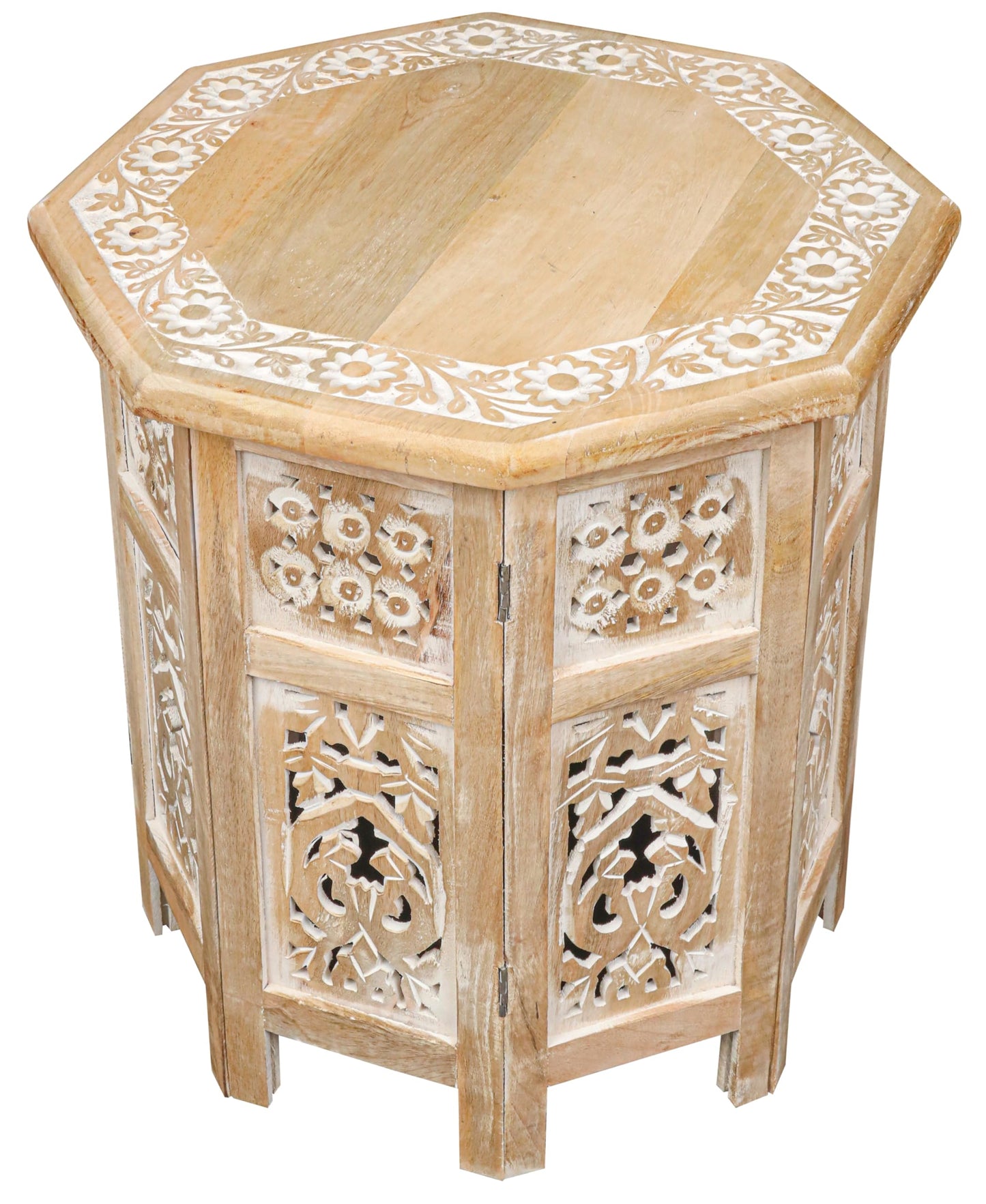 The Wooden Town Side Tables– Hand Carved Vintage Boho Folding End Tables for Living Room, Entryway, Living Room, Bedroom – No Tools Assembly, 18"x18" Octagon, White wash Finish