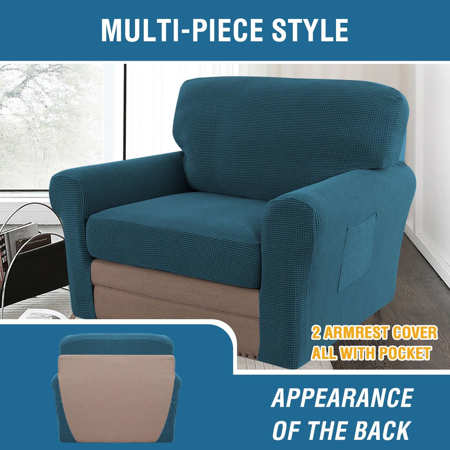 H.VERSAILTEX Multi-Pieces Chair Covers Stretch Couch Covers Form Fitted Seat and Back Cushions Covers (1 Seat Cover Plus 1 Back Cusion Cover, Bonus 2 Armrest Covers), Deep Teal