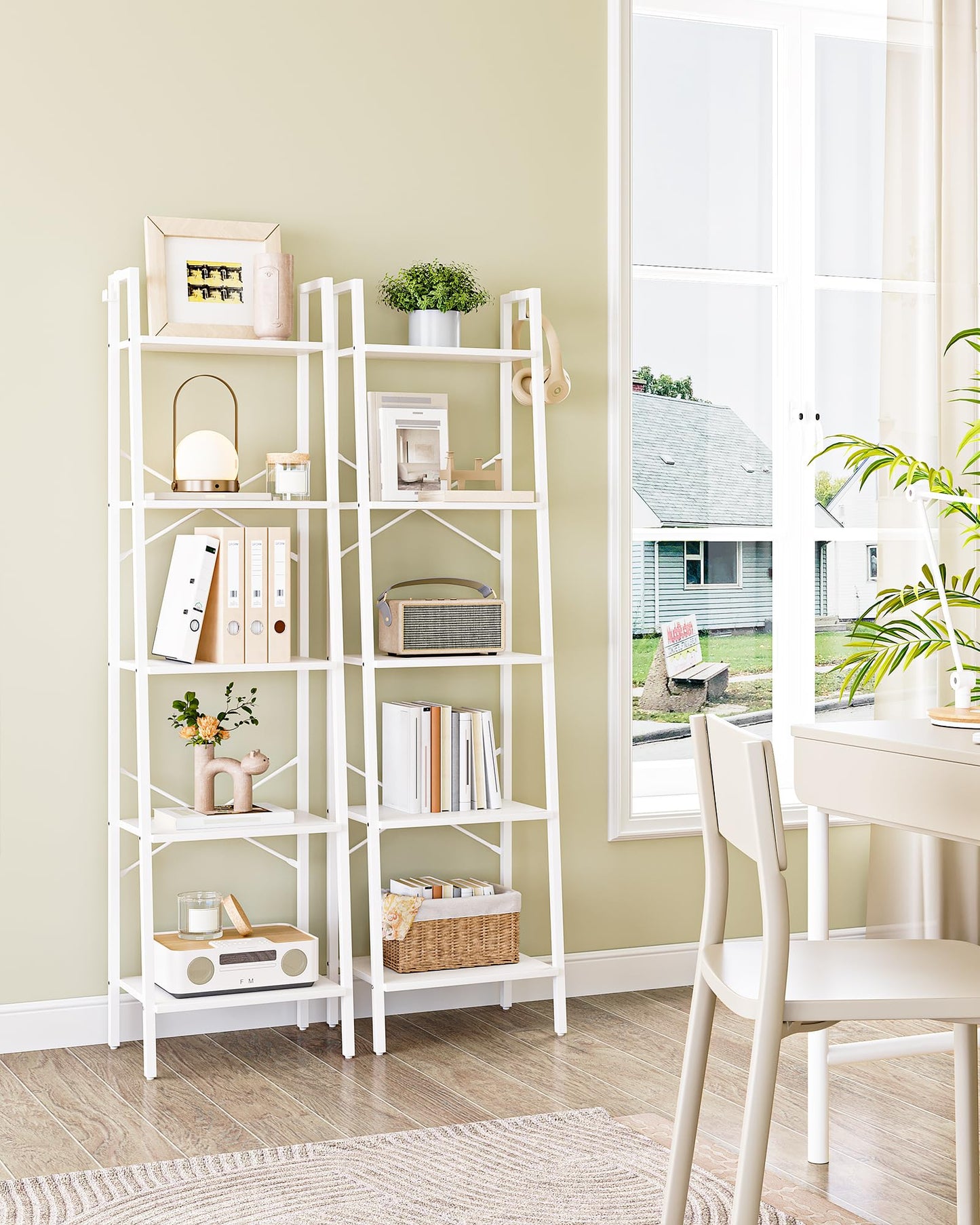 Hzuaneri Ladder Shelf, Bookshelf Bookcase, Freestanding Corner Storage Shelve with 2 Hooks for Home Office, Living Room, Kitchen, Bedroom, Industrial, 11.8" D x 17.3" W x 63" H, White BC19213W