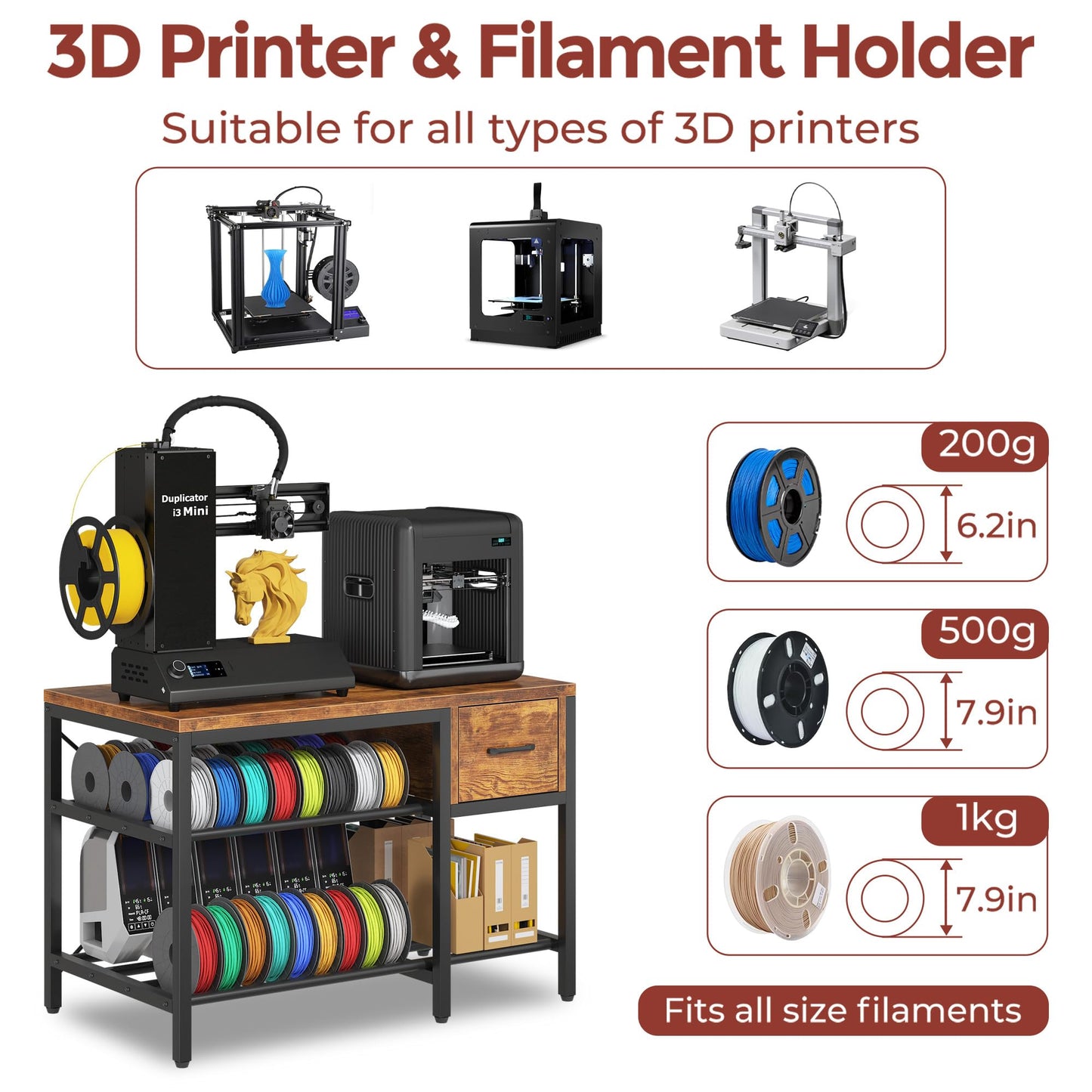 Anrigeail 3D Printer Stand with Filament Storage – Heavy Duty Metal 3D Printer Table with Drawer and Power Hub for Workshop, Studio, and Office