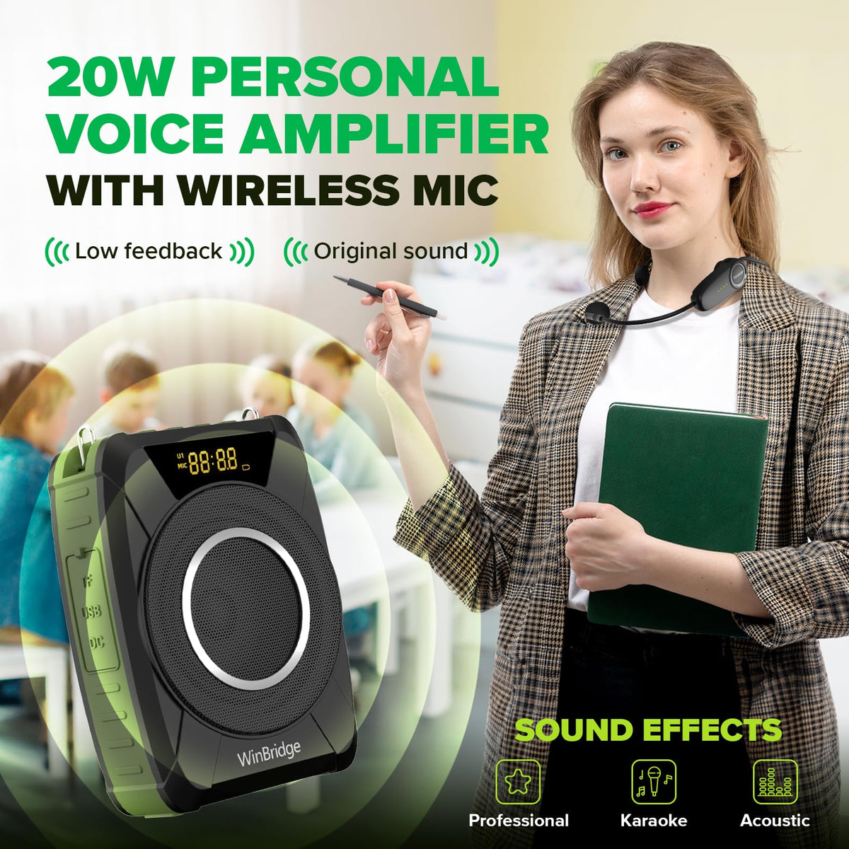 Bluetooth 5.0 Voice Amplifier with Wireless Mic Headset, Waterproof Personal Microphone Wireless Voice Amplifier, 20W Loudly Portable Megaphone PA System for Teachers, Safety Drills, Outdoors Indoors