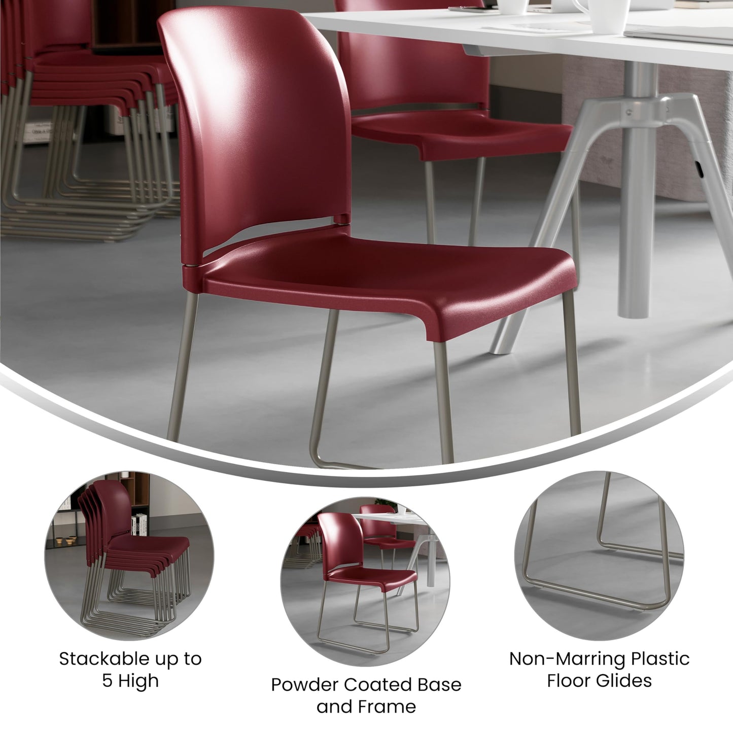 Flash Furniture HERCULES Series 880 lb. Capacity Burgundy Full Back Contoured Stack Chair with Gray Powder Coated Sled Base