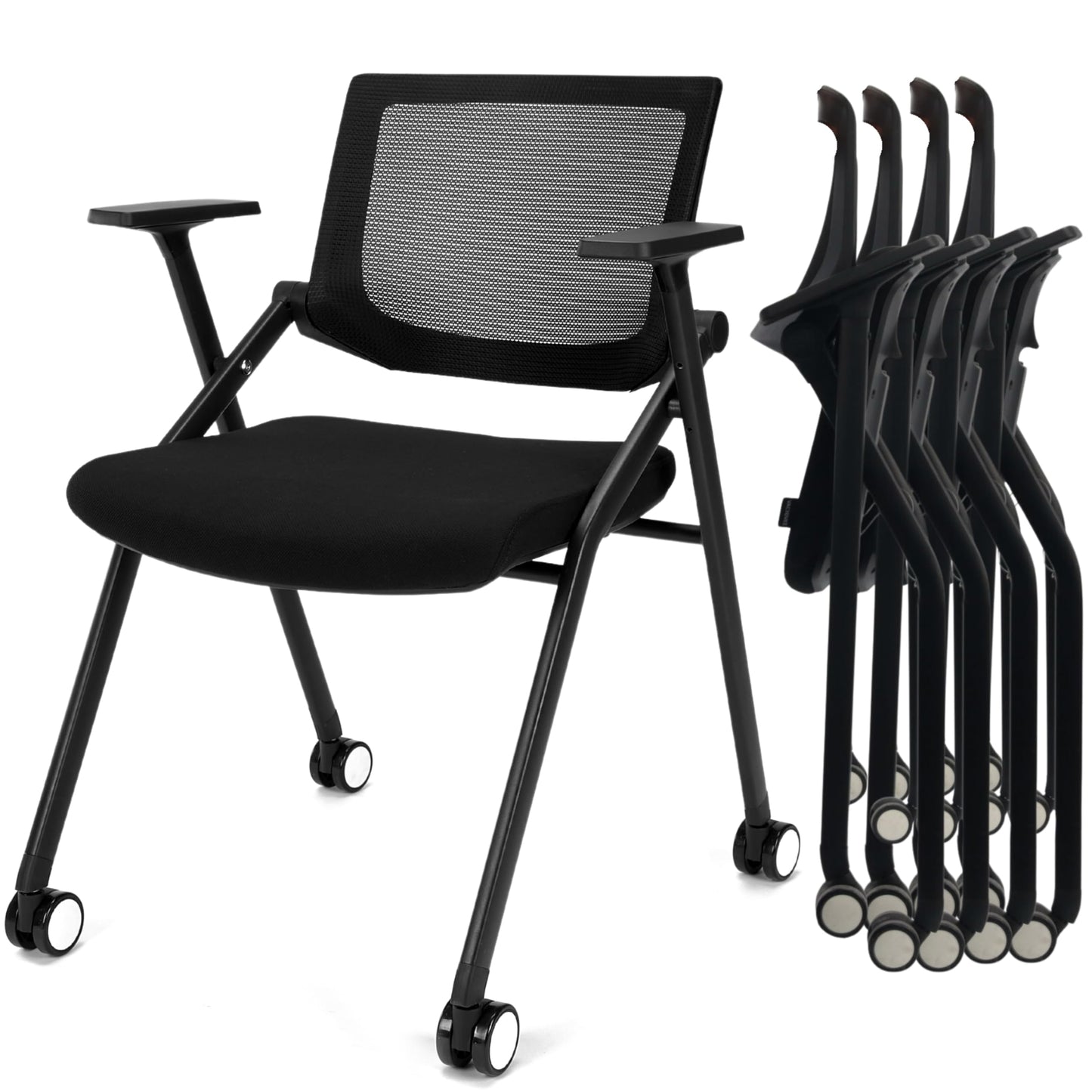 BROBRIYO 2 Pack Stackable Conference Room Chairs with Wheels and Paddle, Ergonomic Mesh Back and Arms for Meeting, Conference, Reception, Training Room & Home Office Desk Folding Chairs