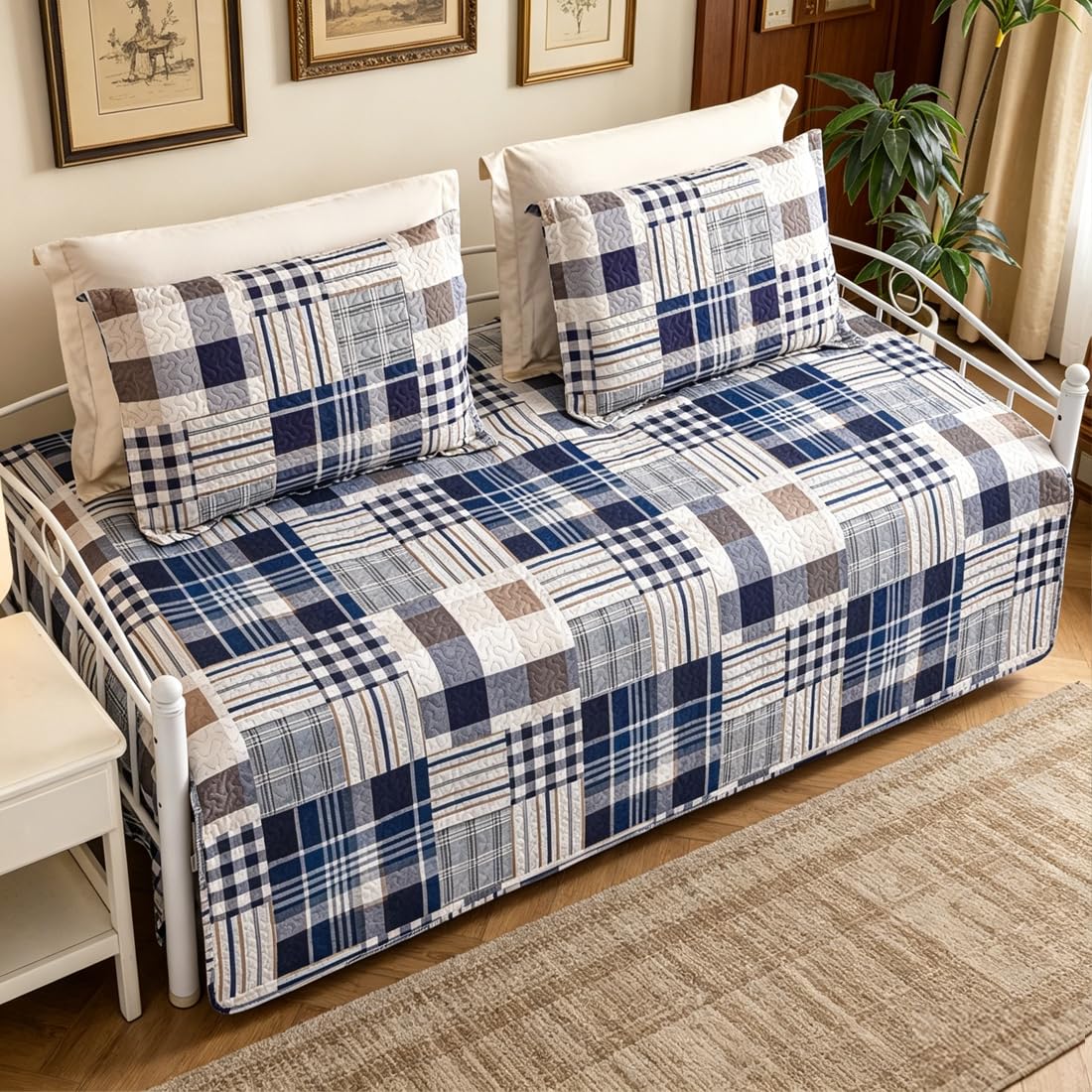 Jarson 3 Pcs Plaid Daybed Cover Set Twin Size Navy White Brown Sofa Cover Double Side Bed Set Classic Patchwork Bedding Sets Daybed Quilt Set with Pillow Shams