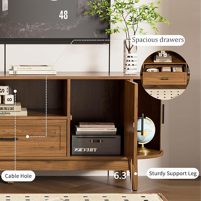 Mxtxmy 63" Fluted TV Stand for Tvs up to 70", Mid-Century Modern Entertainment