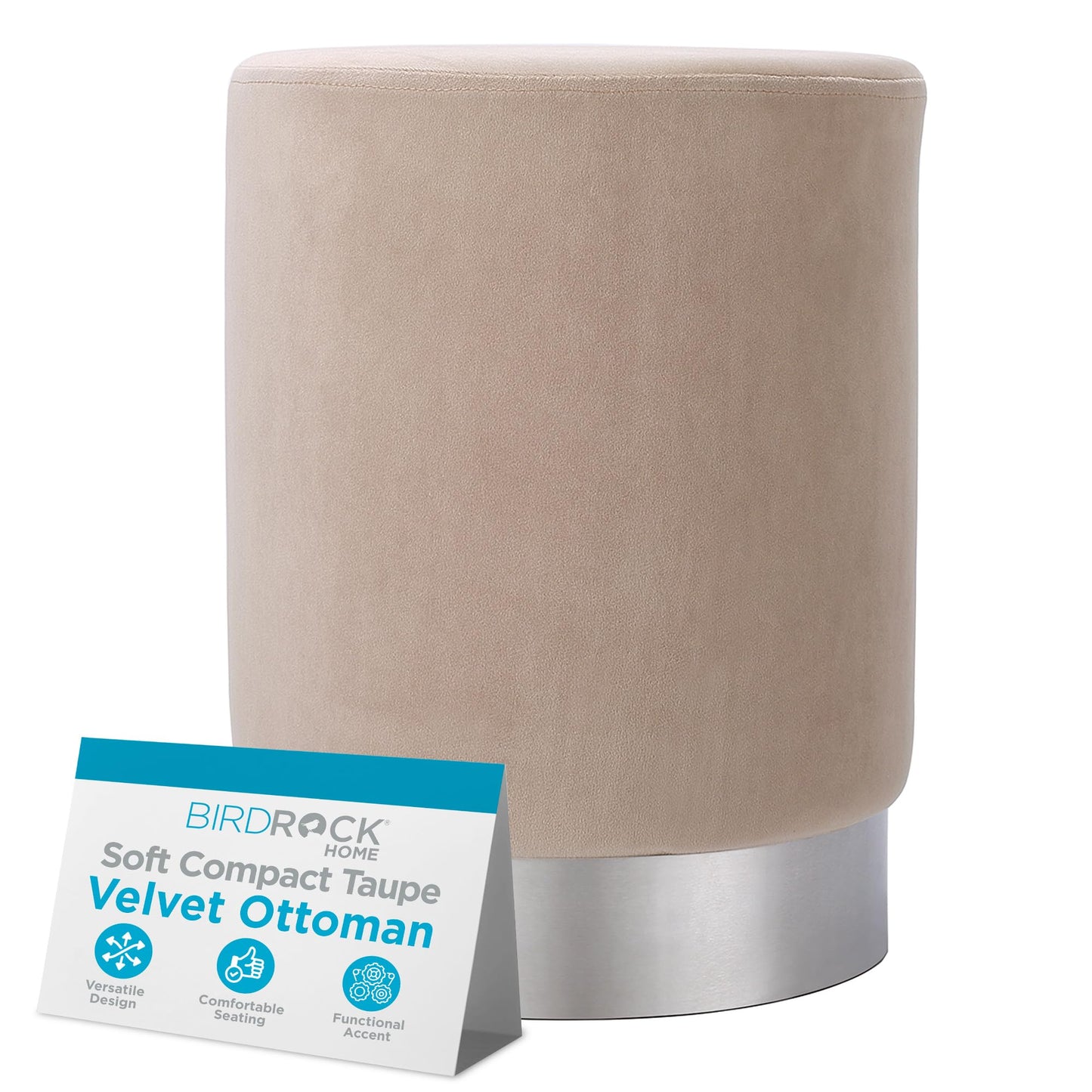 BIRDROCK HOME Round Ottoman Foot Stool – Modern Soft Padded Velvet Vanity Chair with Silver Metal Trim – Accent Chair or Foot Rest for Living Room, Bedroom, or Dressing Room (Taupe)