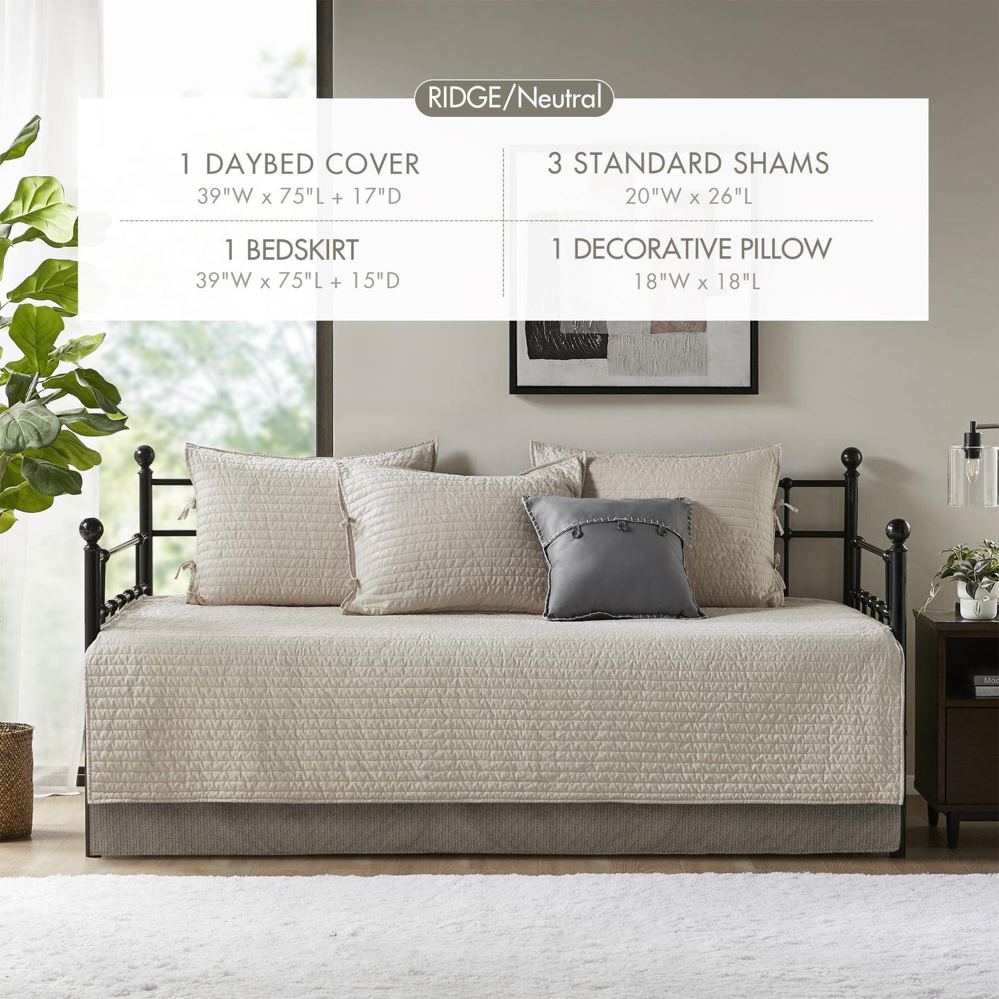 Madison Park Ridge Daybed Cover Set - Cabin Lodge Plaid Herringbone Print Reversible Design, All Season Luxury Bedding with Bedskirt, Matching Shams, Decorative Pillow, 39"x75", Neutral 6 Piece
