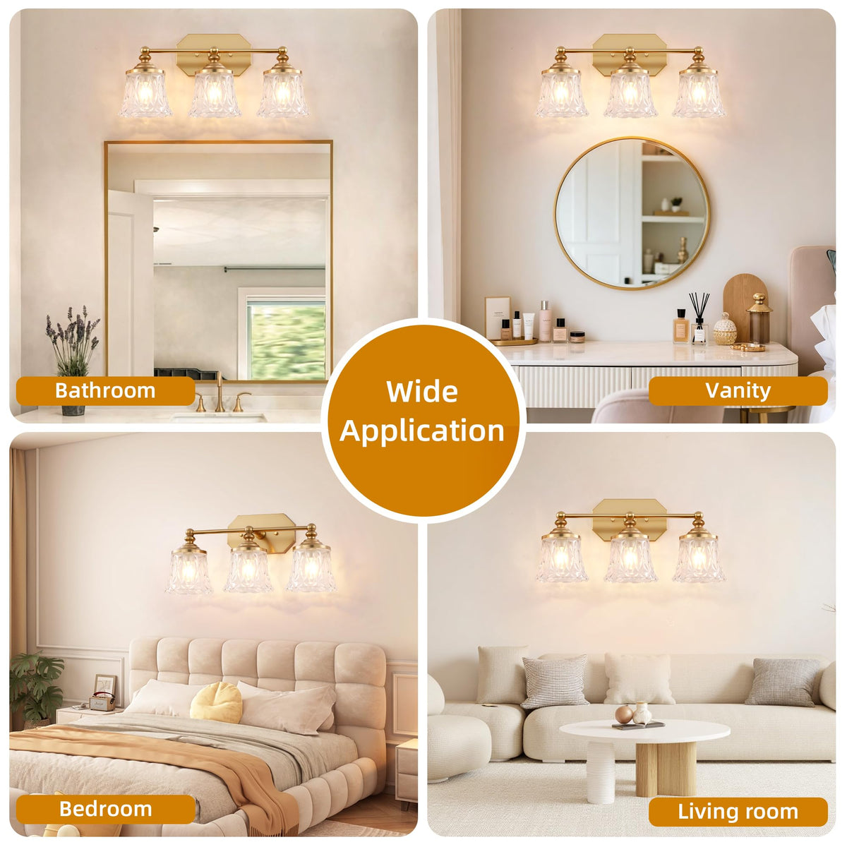 EvmVom Vintage Bathroom Vanity Light Fixtures, Gold 3-Light Vanity Light, Antique Bathroom Lighting Fixtures Over Mirror with Crystal Glass Shade, Vanity Lights for Bedroom Living Room Hallway