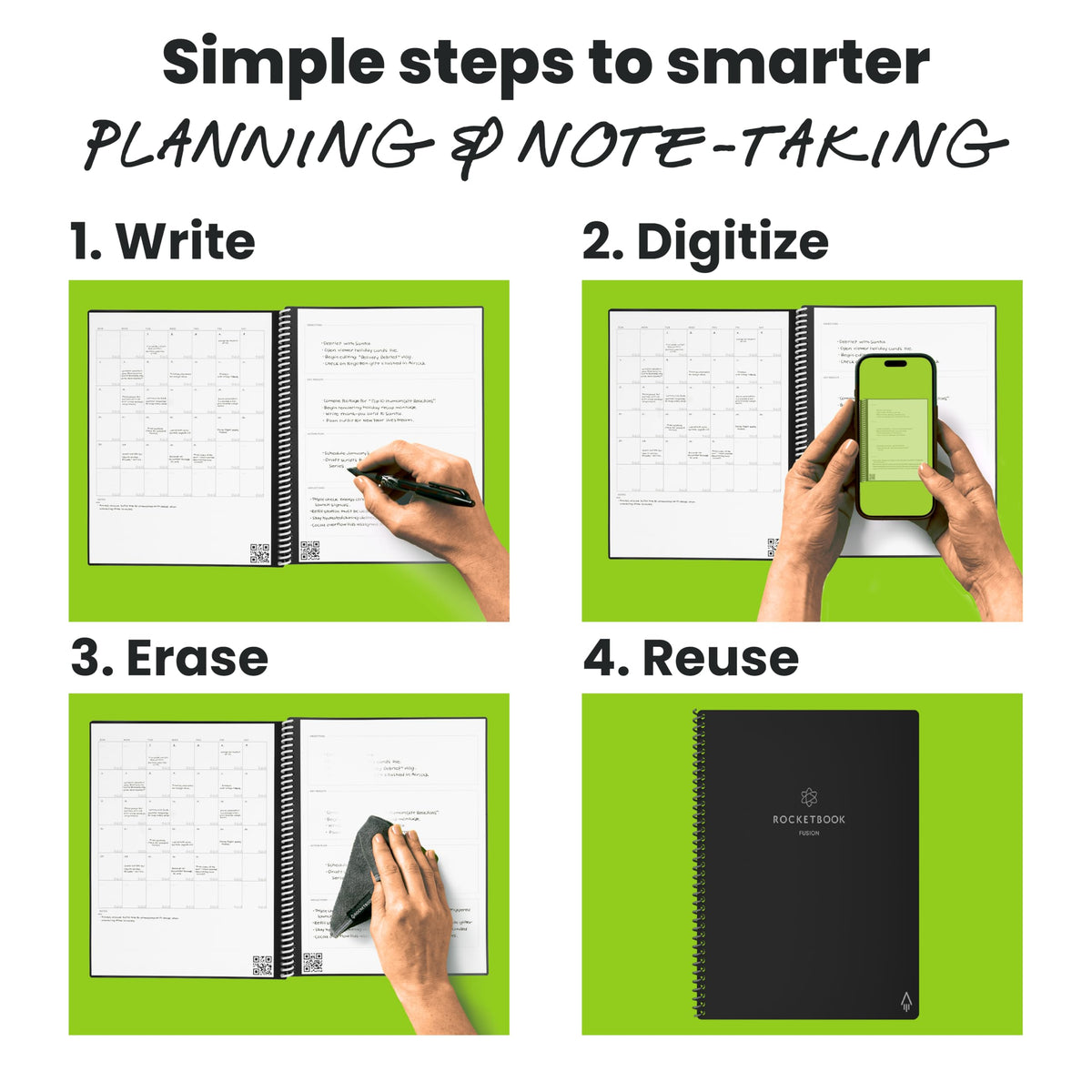 Rocketbook Fusion Hybrid Reusable Planner and Notebook in One, Additional Blank Pages, Goal and Project Tracker, Undated Planner, Letter Size 8.5x11, Black (Pack of 1)