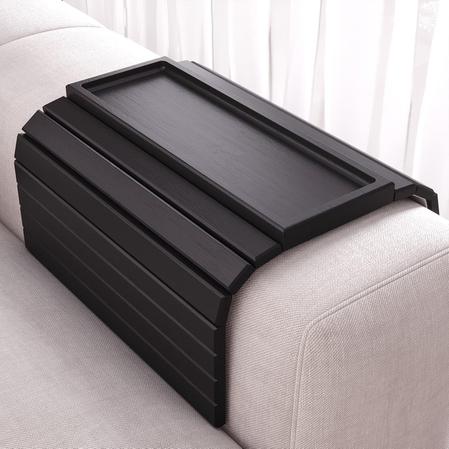 Danfoxer Sofa Arm Tray,Bamboo Folding Couch Arm Tray,Sofa Armrest Trays with Anti-Slip Pad for Drinks,Snacks,Phone,Remote Control（Black）