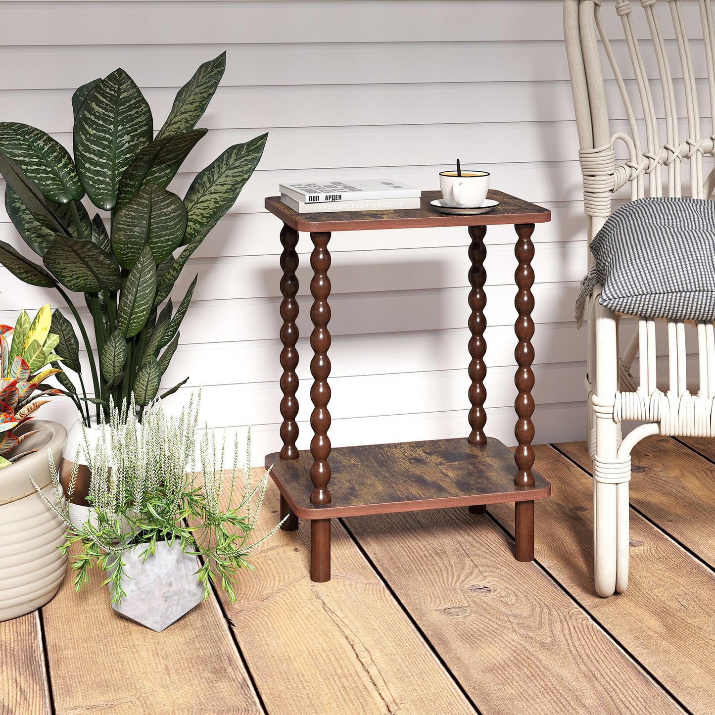 Funecy 2-Tier End Table,Vintage Side Table,Solid Wood Bedside Table with Storage Rack,for Living Rooms, bedrooms, and Narrow Spaces (Rustic Brown)