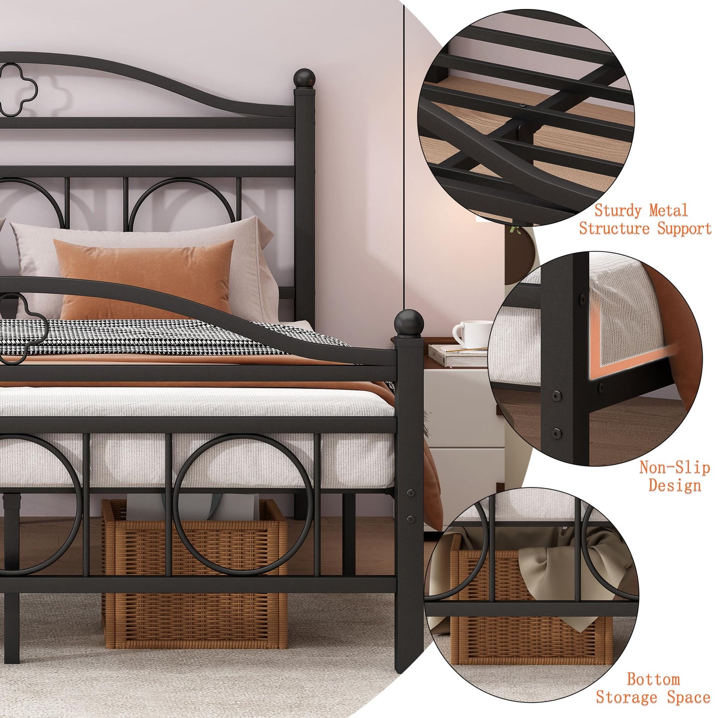Vcaleets Twin Bed Frame with Headboard,Heavy Duty Steel Slats Support Mattress Foundation-Under Bed Storage, No Box Spring Needed, Noise Free