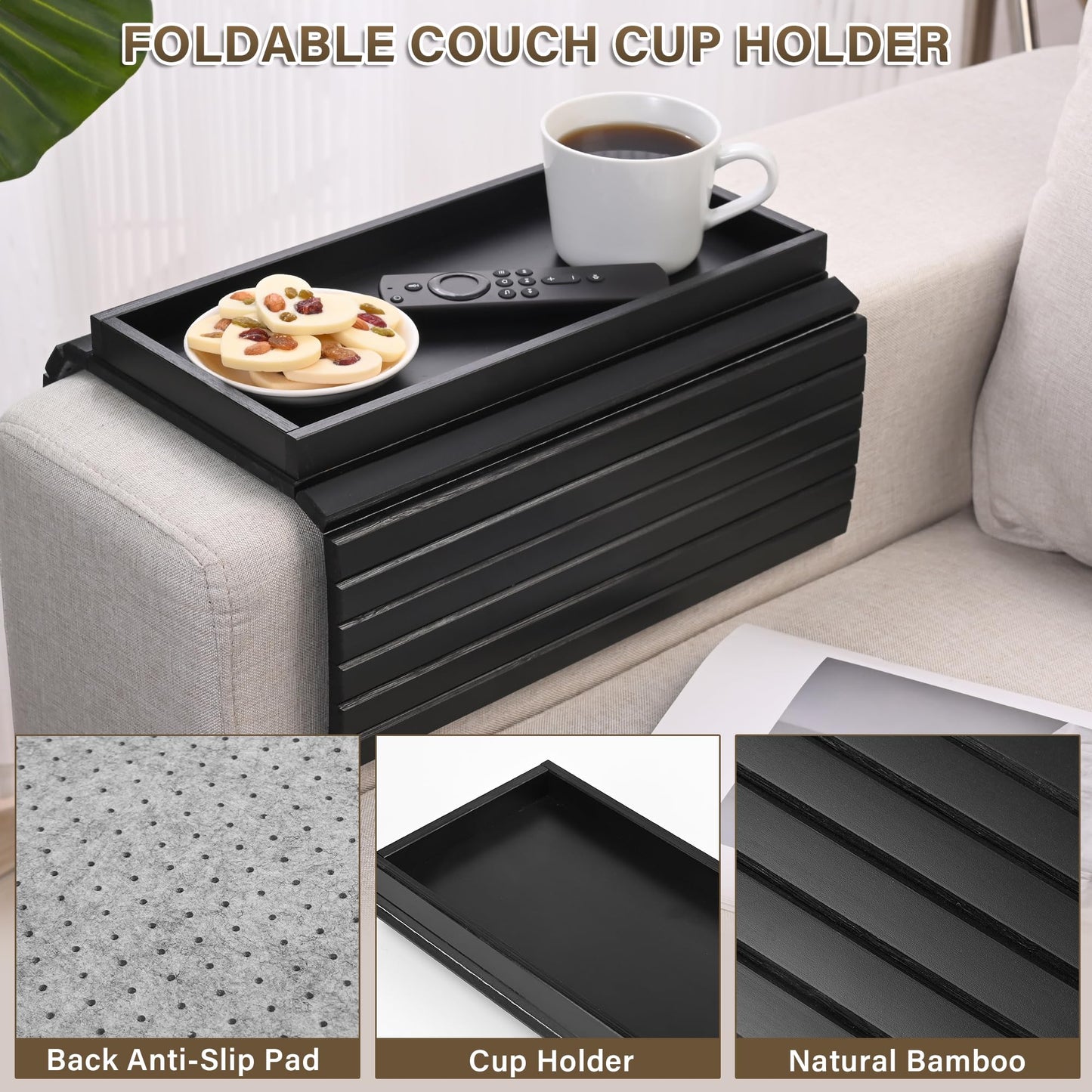 YUBAMIN Bamboo Sofa Arm Tray, Anti-Dropping Couch Arm Tray, Foldable Sofa Armrest Tray Couch Arm Table for Eats, Drinks, Snacks, Remote, Cellphone, Cup Holder, Back Anti-Slip Pad Design