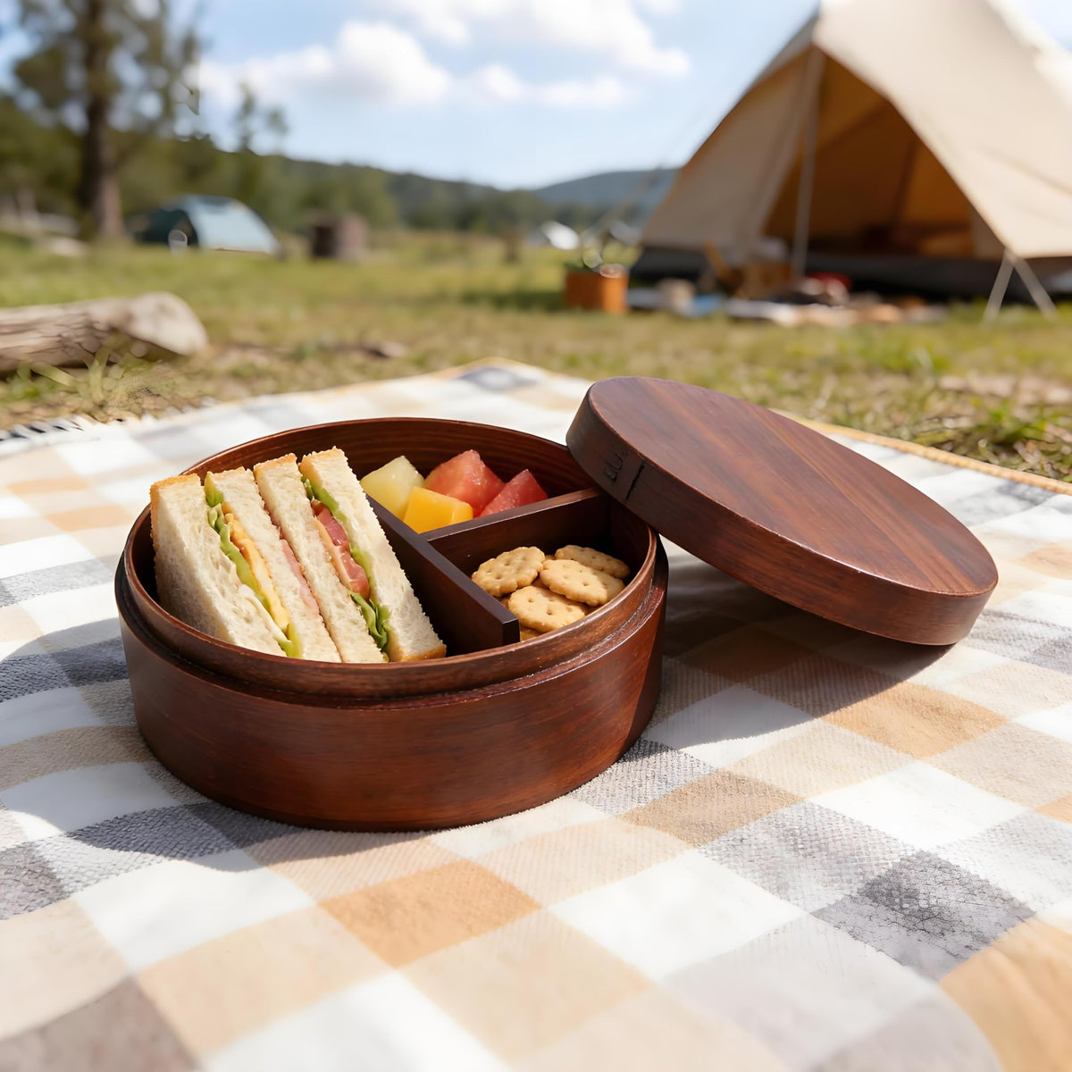 Niiyen Lunch Box Wood Bento Box Round Food Container Snack Organizer Single Level Wooden Storage Box For Office Home Camping Picnic