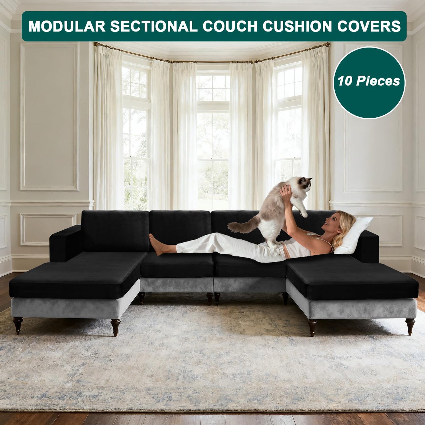 10 Pieces Sofa Cushion Covers for U-Shaped Modular Sectional Couch with 4 Seat+4 Back+2 Arms, Stretch Velvet Upholstered Covers for Sofa Bed with Deep Double Chaise (Black,Universal (10 Pieces))