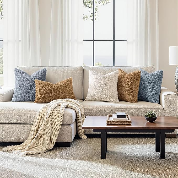 Faux Fur Throw Pillow Covers 20x20 Inch Set of 2 Boucle Neutral Decorative