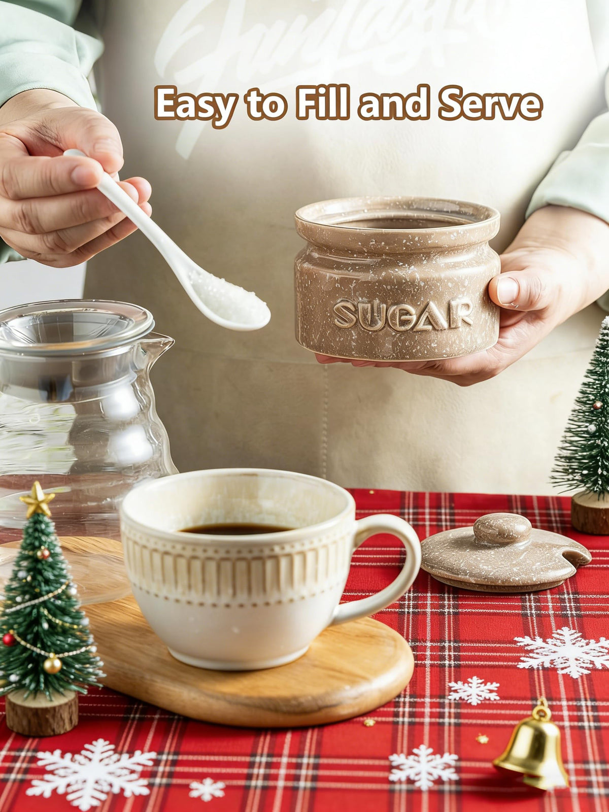 Gomakren Sugar Bowl with Lid and Spoon, Sugar Container Sugar Dish 10oz, Ceramic Sugar Jar for Coffee Bar, Kitchen, Countertop - Father's Day Modern Farmhouse Kitchen Decor, Brown