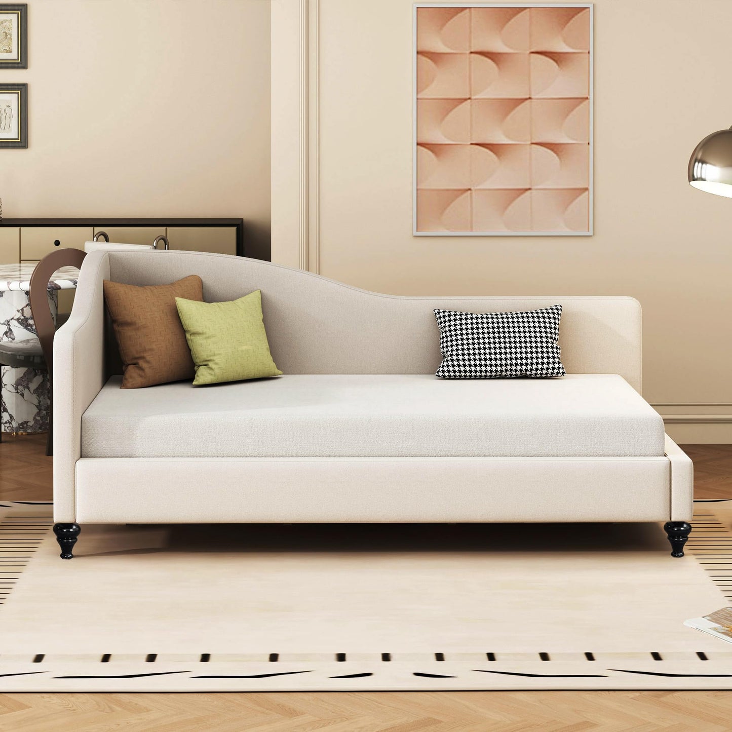 Ball & Cast Twin Size Linen Daybed Upholstered Chaise Lounge with Wooden Legs,L-Shaped Corner Day Bed Frame,Sleeper Sofa Bed Couch, No Box Spring Needed, for Bedroom Living Room,Beige